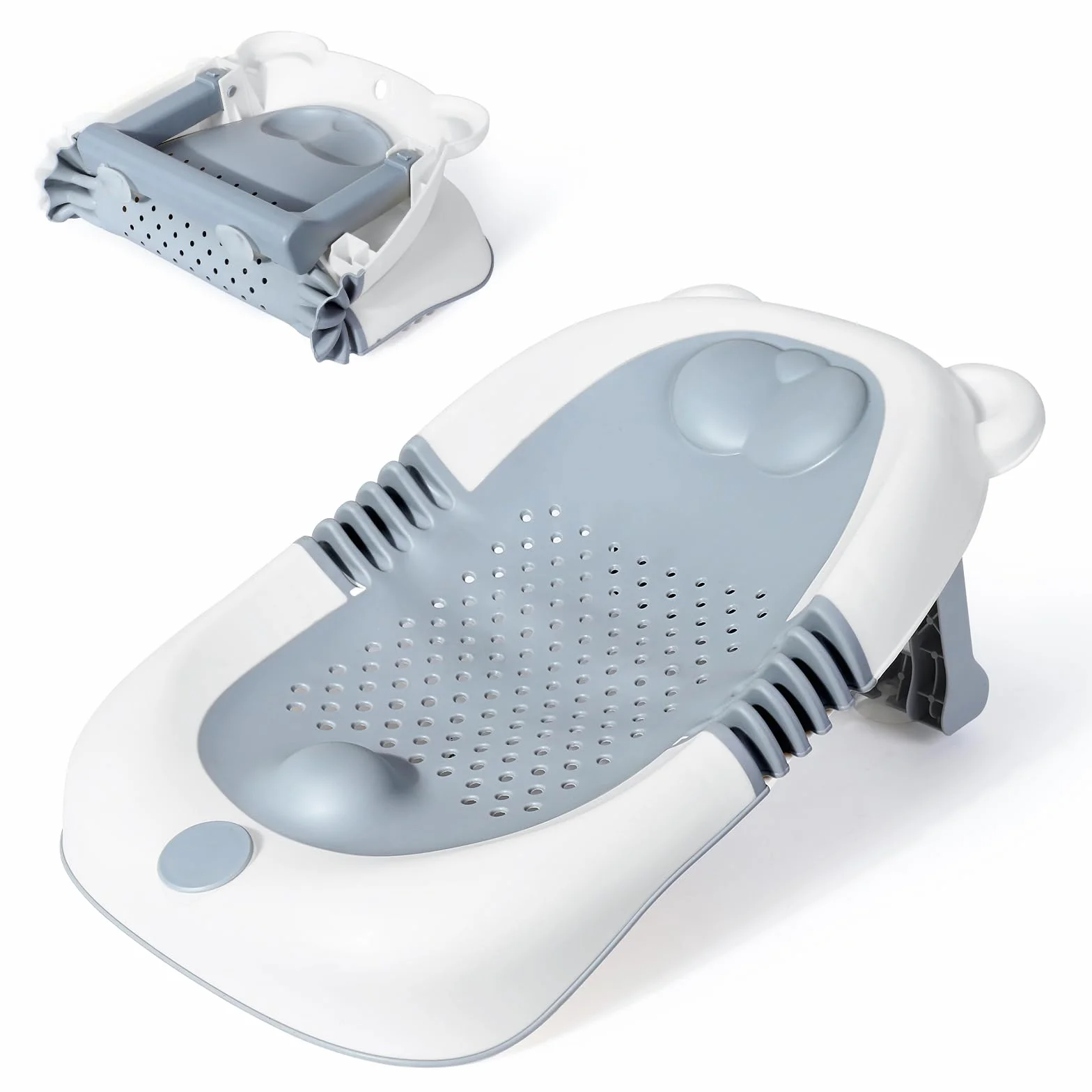 Orzbow Plegable Soporte Bañera Bebe, Estable Soporte Baño Bebe con Estructura Triangular, Base Antideslizante con Ventosas, Tacto Suave, Adecuado para Recién Nacidos, Portátil, Gris