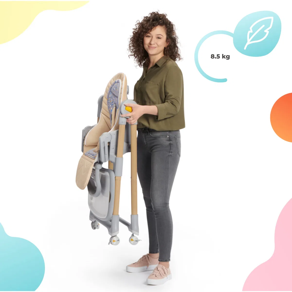 Kinderkraft LASTREE Trona Bebé de madera evolutiva plegable, Hamaca para bebés con Arco 2 juguetes, Asiento reposapiés ajustable, Posición tumbada, Rosa