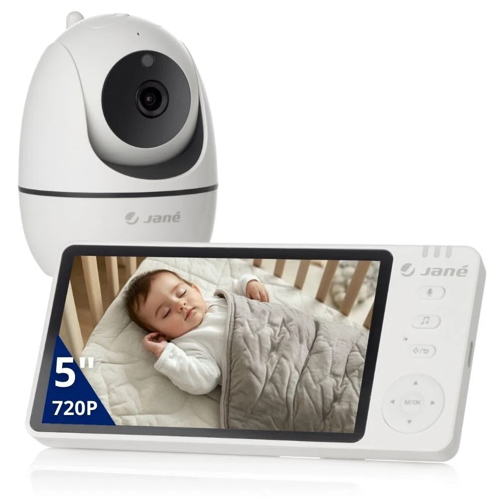Jané Eye Pro Baby Monitor, Vigilabebés con Cámara Giratoria, Inclinación Motorizada, Pantalla 5", Audio Bidireccional, Visión Nocturna, Gran Alcance, con Música, Batería Bajo Consumo