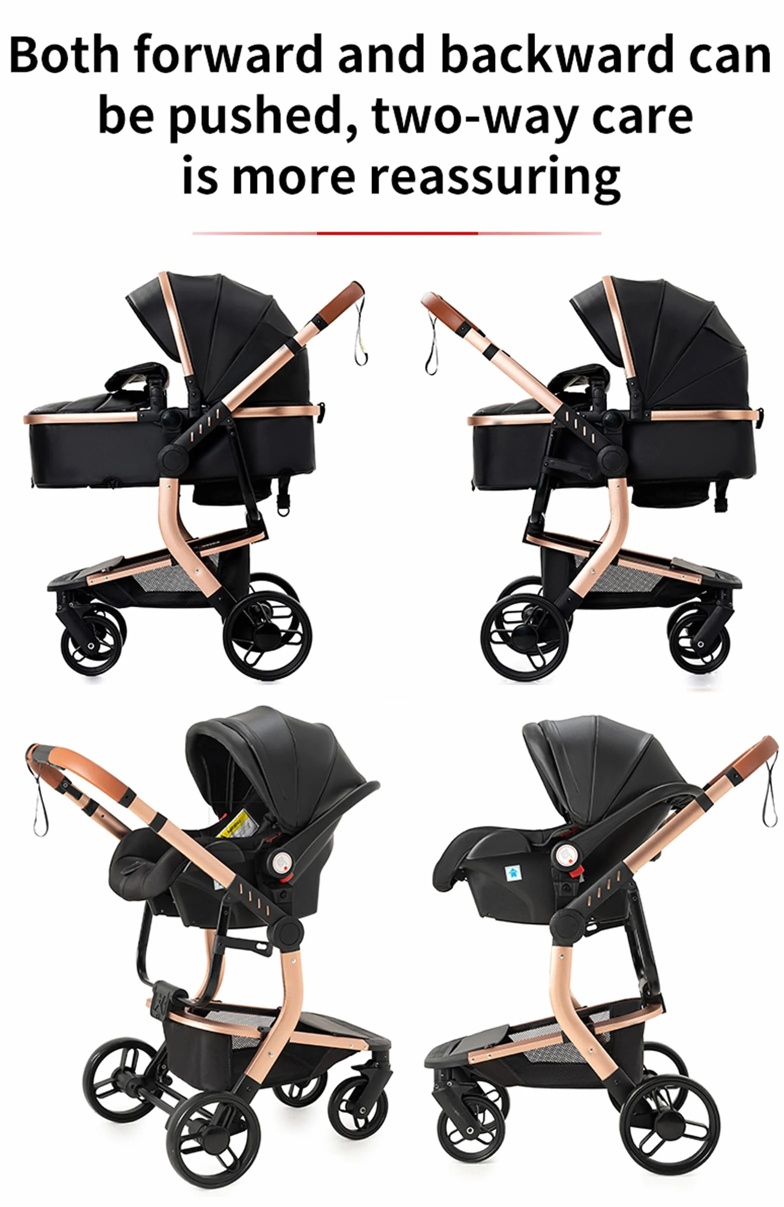 Cuero PU Carrito Bebe 3 en 1, Carrito Bebe con Diseño Portátil Plegable de Un Clic, Carro Bebe 3 Piezas con Empuje Reversible Dos Vías, Cochecito Bebe 3 Piezas con Accesorios (B518 Grey)