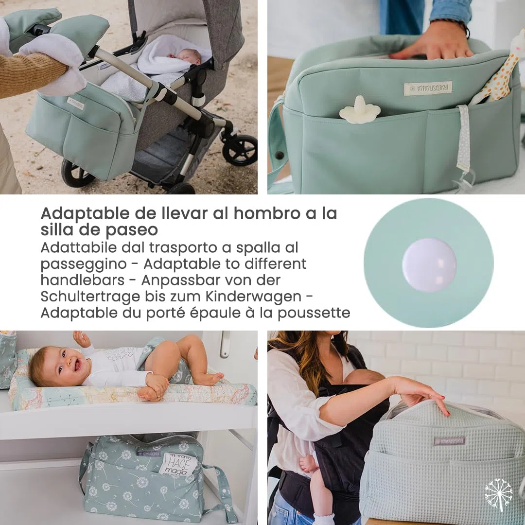 MIMUSELINA Bolso Carrito Polipiel | Bolso Carro Bebe Impermeable de Gran Capacidad | Organización total con 7 bolsillos | Uso en hombro o cochecito sin necesidad de ganchos | Hecho en España