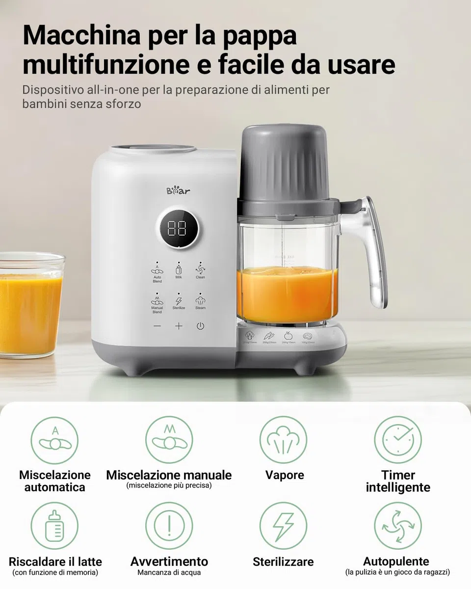 Bear Vaporera 6 en 1 con batidora premium para alimentos para bebés, vapor, agitación automática, calentamiento de leche, desinfección, función de autolimpieza, función de limpieza automática (Blanco)