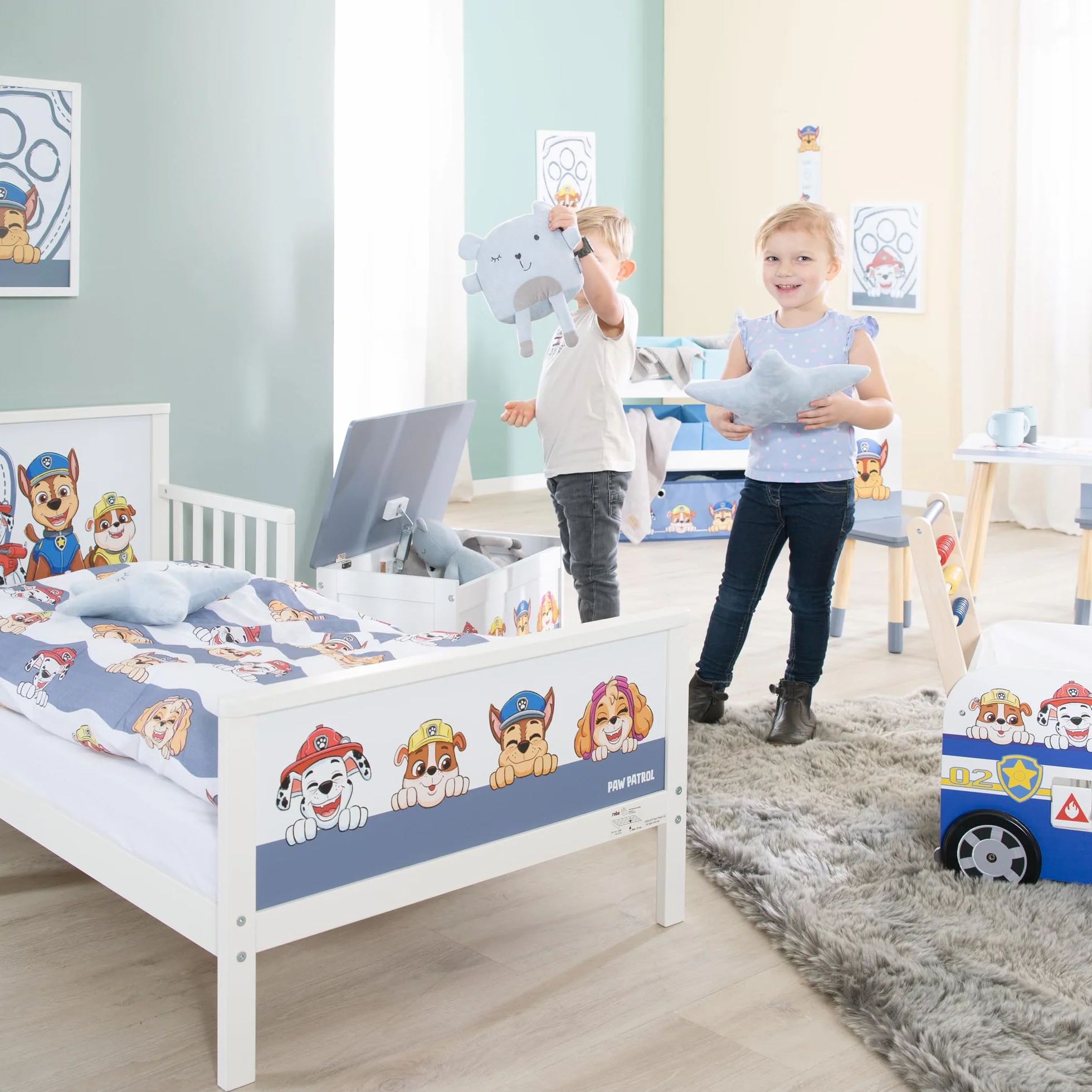roba Paw Patrol Ropa de Cama Infantil - Funda Nórdica 100 x 135 cm + Funda de Almohada 40 x 60 cm de Algodón - Diseño de Perros Chase, Marshall, Rubble - Azul/Gris