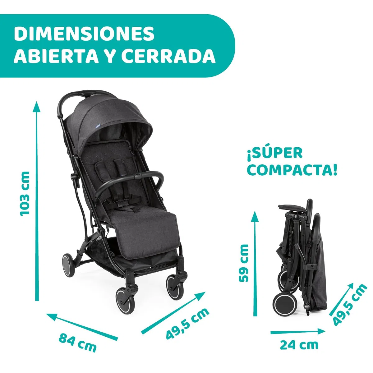 Chicco Trolley Me Silla de Paseo Ligera de 0 Meses hasta 15 kg, Buggy Reclinable y Plegable con Función Trolley, Cierre Compacto, Cubierta Lluvia y Capota Plegable - Color Negro (Stone)
