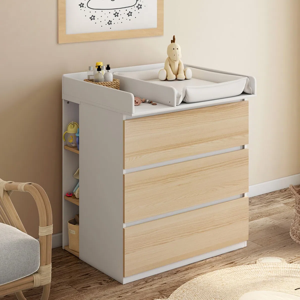IDMarket - Cómoda Cambiador Evolutiva Ámbar estilo haya y Blanco de 3 cajones con Mesa Cambiador y 2 estantes extraíbles