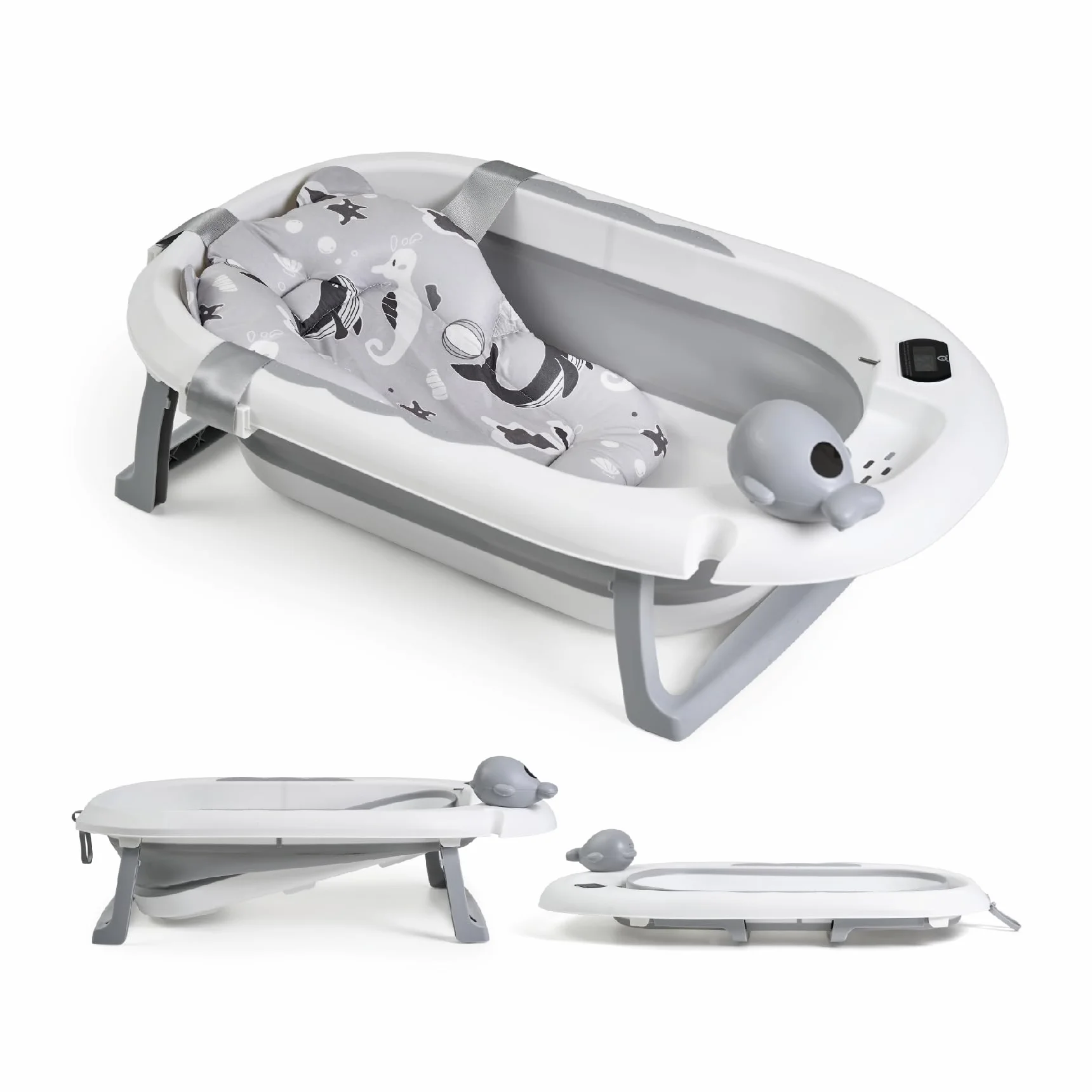 Buddy Baby - Bañera Plegable BebéSplash con Temperatura - Desde 0 meses - Cojín reductor extraíble - Base antideslizante - Tapón desagüe - Diseño compacto y portátil - Regadera ballena