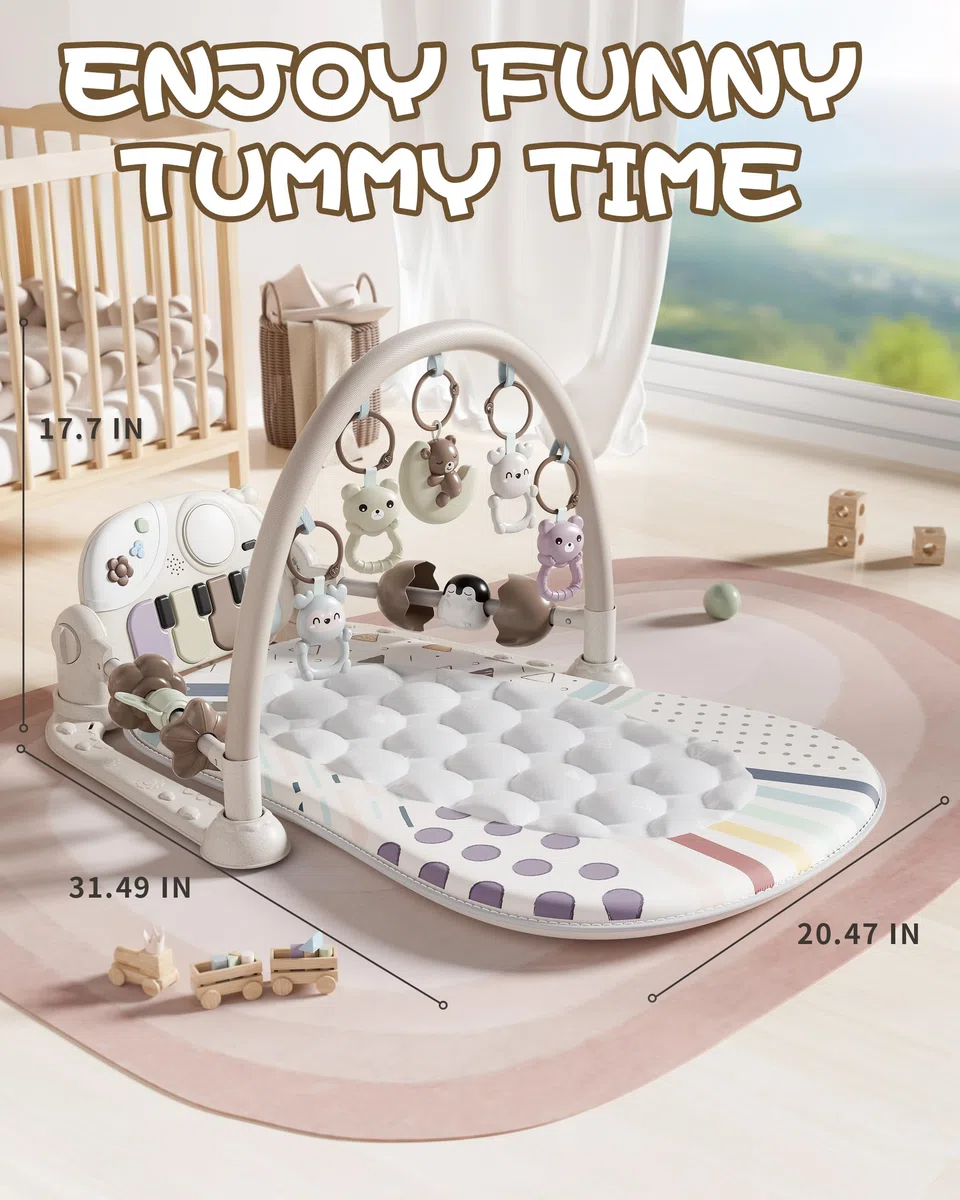 Gimnasio De Juegos Para Bebe con Piano, Alfombra de Gateo con Luces y Sonidos, Manta de Juego con Arco de Juego y 5 Juguetes Extraíbles para Bebés, Alfombrilla de Fitness Kick Piano para 0-36 Meses