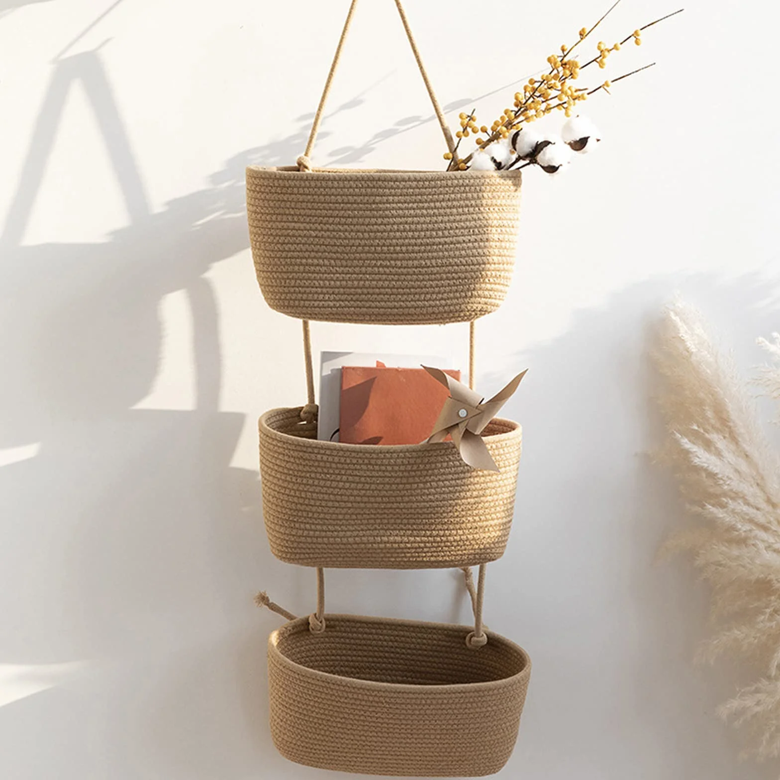 Organizador colgante, cesta colgante de pared de 3 niveles, cesta colgante de pared, cestas de almacenamiento de cuerda de algodón, cesta colgante para salón, dormitorio, baño, habitación infantil (B)