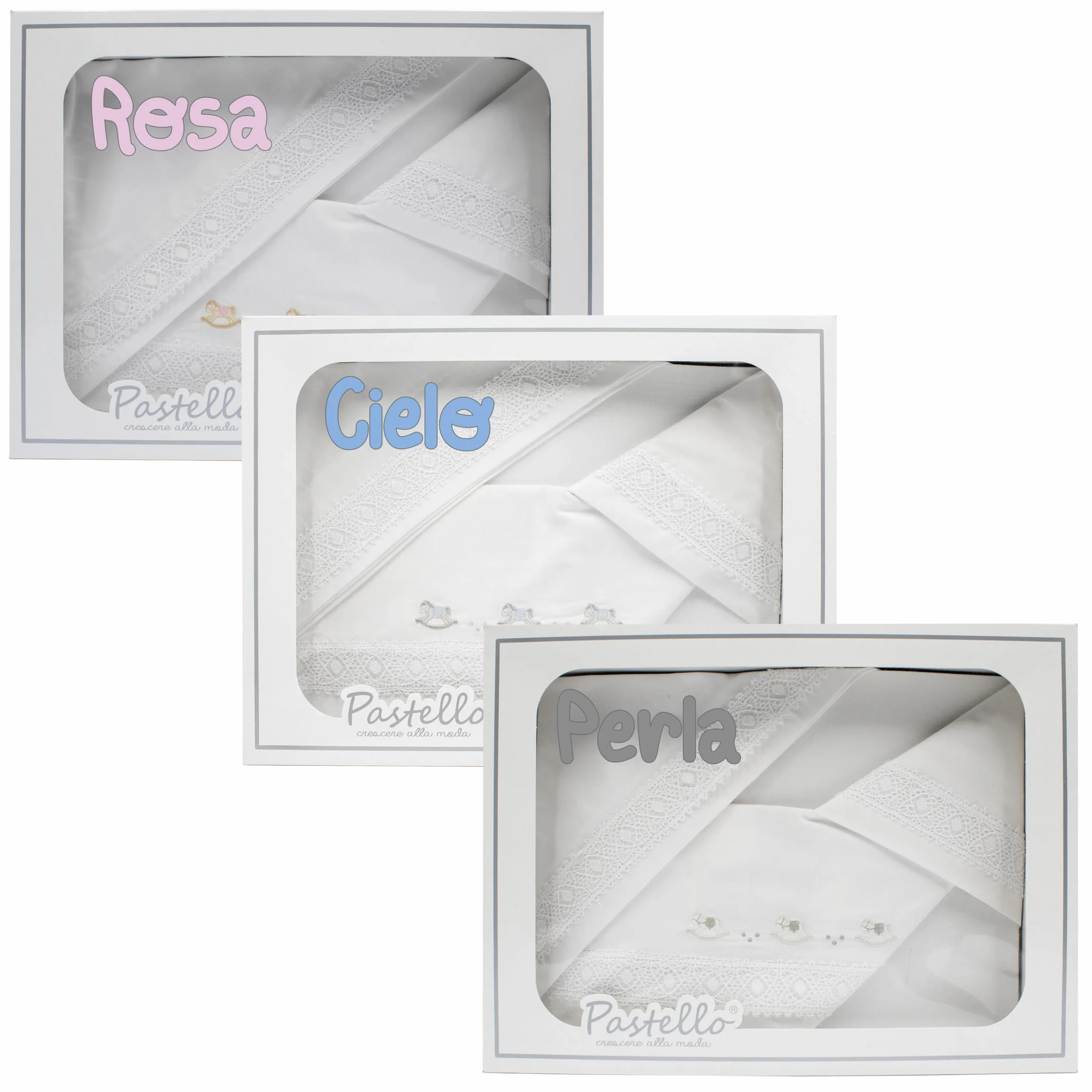 PASTELLO - Juego de cama para cuna de 3 piezas, 100% algodón para bebés, juego completo de sábanas con bordado (Art. LL31E, PERLA)