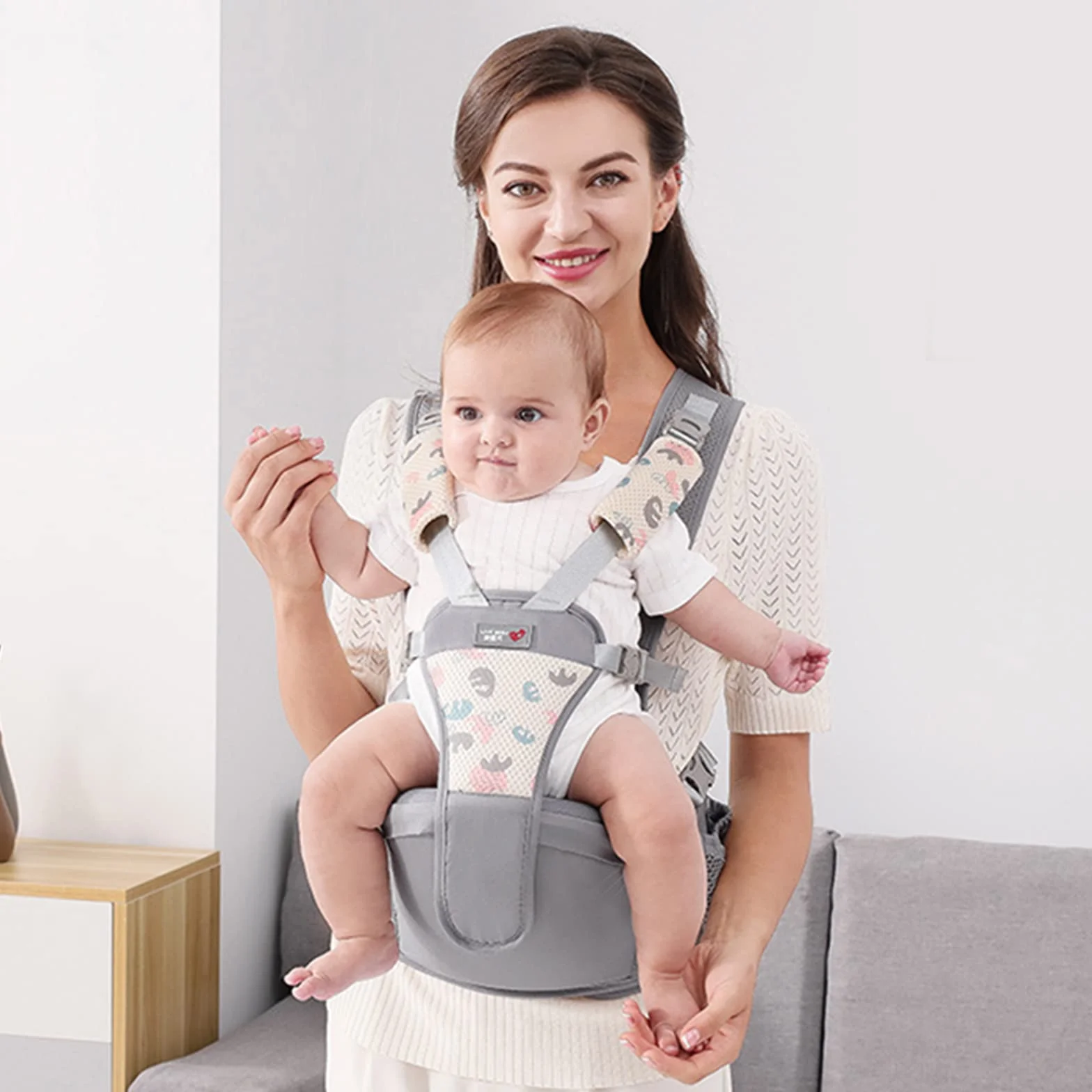 SONARIN Portabebés Asiento de Cadera Ergonómico Multifuncional Mochila Portabebés Transpirable para Recién Nacidos 0-36 Meses Gris