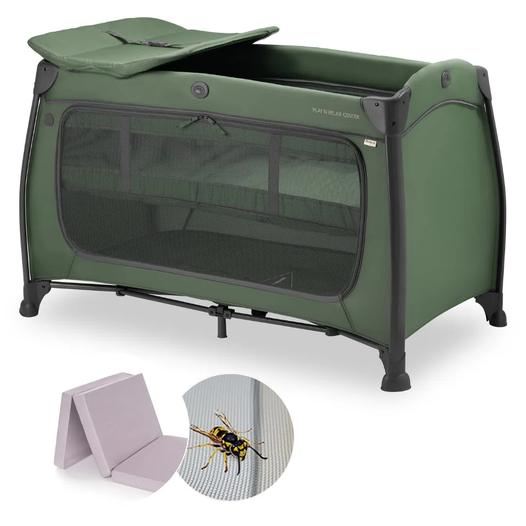 hauck Play n Relax Center Set de Cuna de Viaje Bebe con Colchon y Mosquitera | Dos Alturas para Recién Nacidos - Parque Infantil con Cambiador y Ruedas - Verde