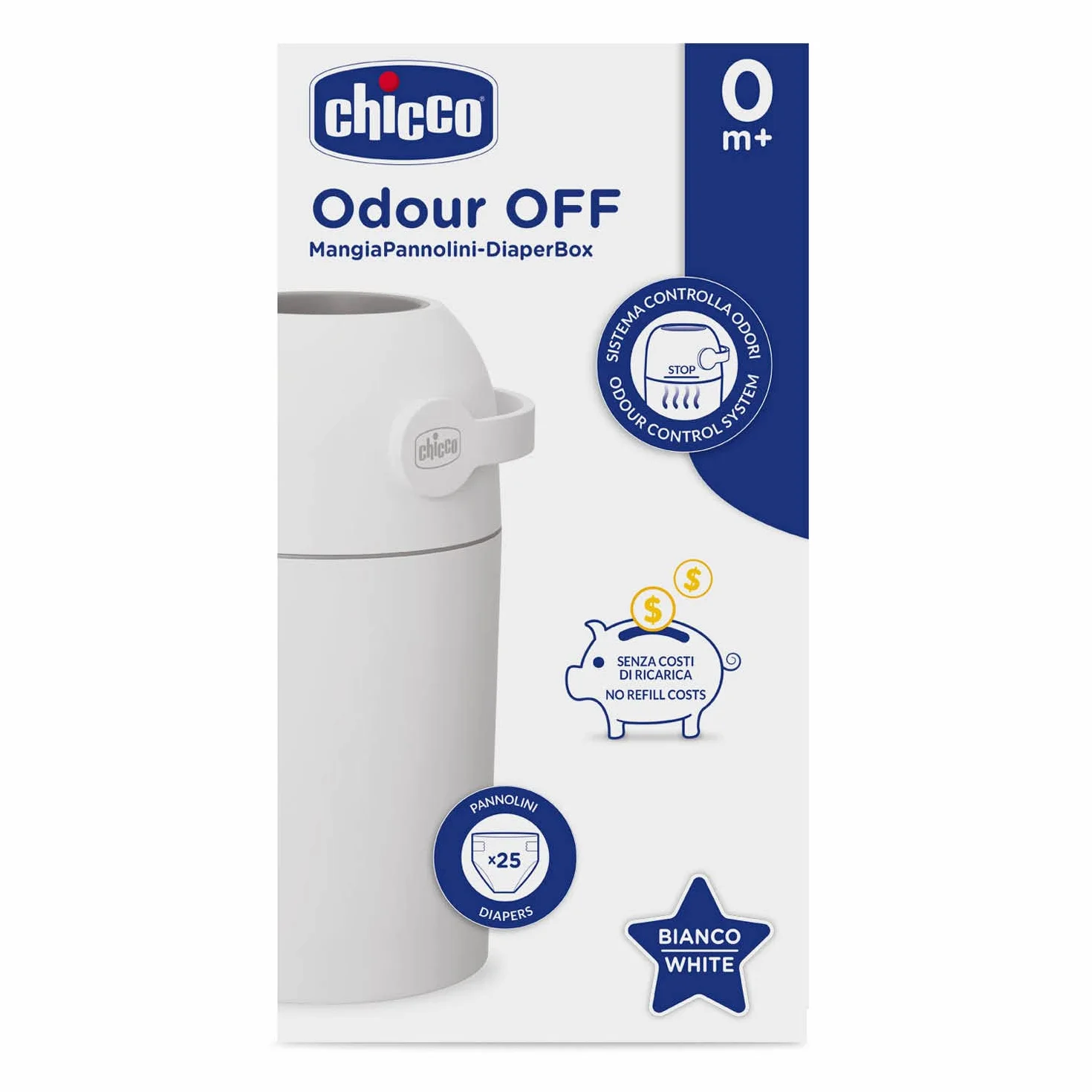 Chicco Contenedor para Pañales con Control de Olores, Sistema de Deshecho de Pañales, Papelera Compacta, Ahorra Espacio, con Tapa, Fácil de Usar y Limpiar, Funciona con Bolsas de Plástico, Blanco