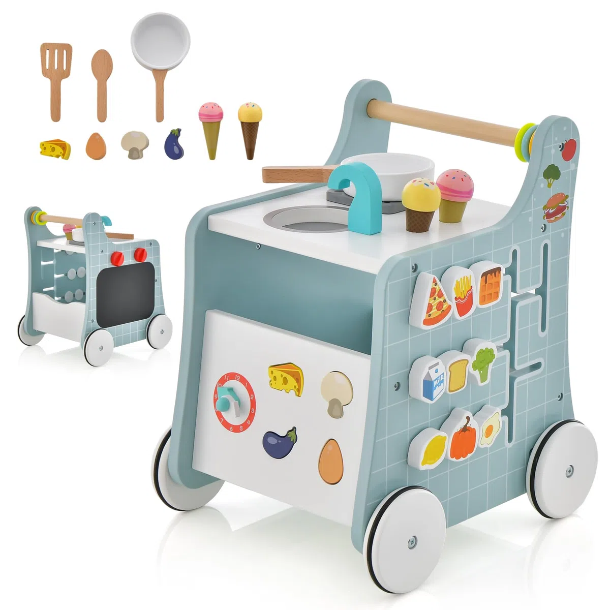 GOPLUS Centro de Actividades de Cocina de Madera 6 en 1, Andador con Cocina para Bebés, Cocina de Juguete, Juego de Empareja, Carriola Ergonómica con Ruedas para Bebés de 12+ Meses (Azul)
