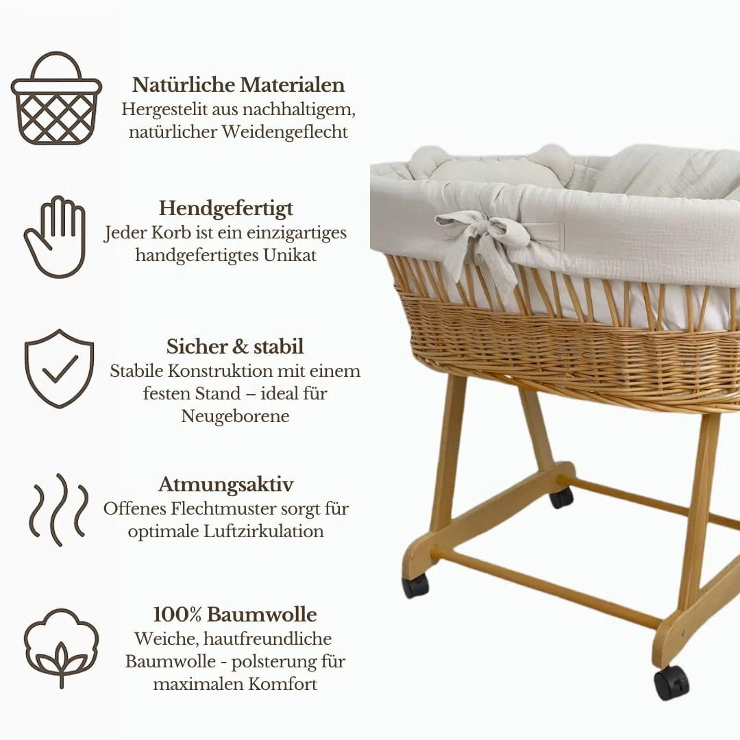 Generic cesta, moisés, carrito marrón/natural con estructura, colchón y ropa de cama (crudo)