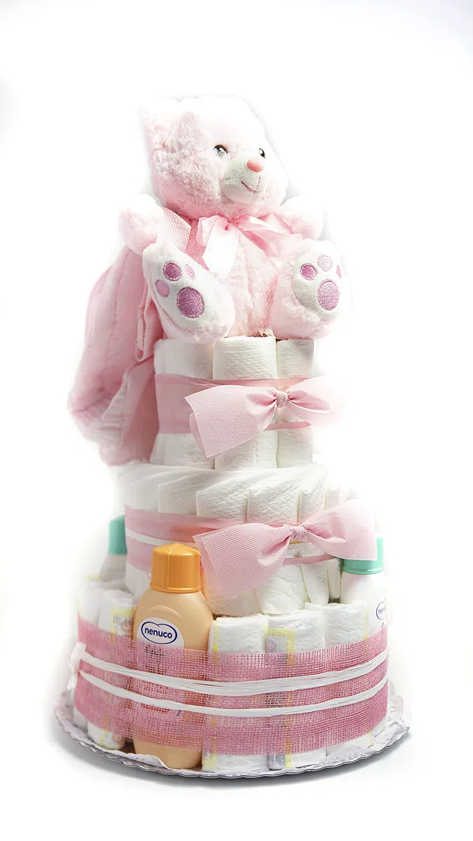 Tarta De Pañales con Neceser 3 Pisos Niña y Niño con Accesorios - Regalo Original para recién nacido padres primerizos - Regalo para Bebé - Supermolón (Niña)