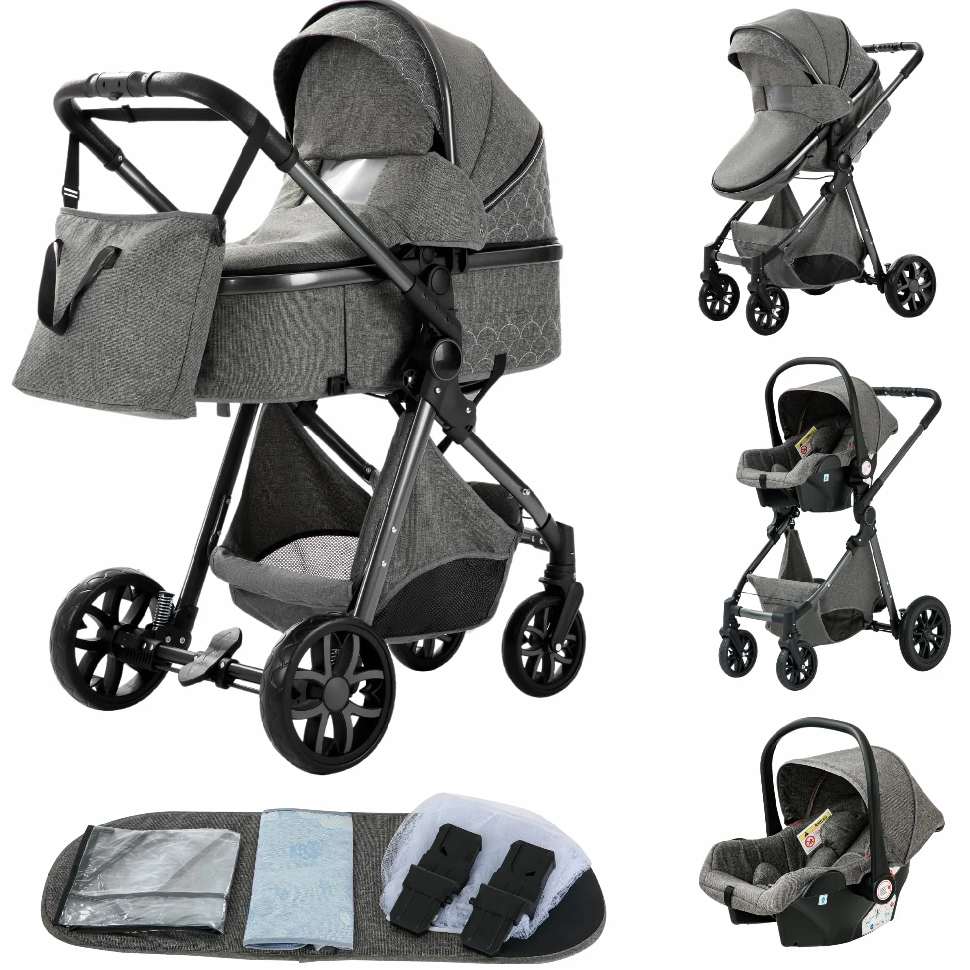 YAZOCO Carrito de Bebé 3 en 1, Plegable Carricoche de 3 Piezas, Cambiador, Cubrepiés, Mosquiteros, Cubiertas de Lluvia, Accesorios de Asiento (L V9 Gris oscuro)