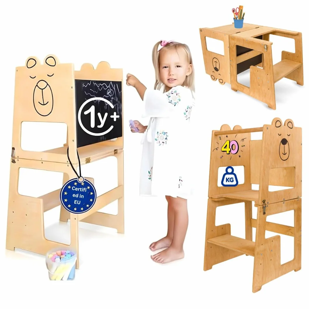 KAUZA Torre de Aprendizaje Montessori Plegable para Niños – Ajustable en Altura, Transformable en Mesa y Silla, Ideal para la Cocina, Juegos y Actividades, Seguridad Garantizada, Madera Natural