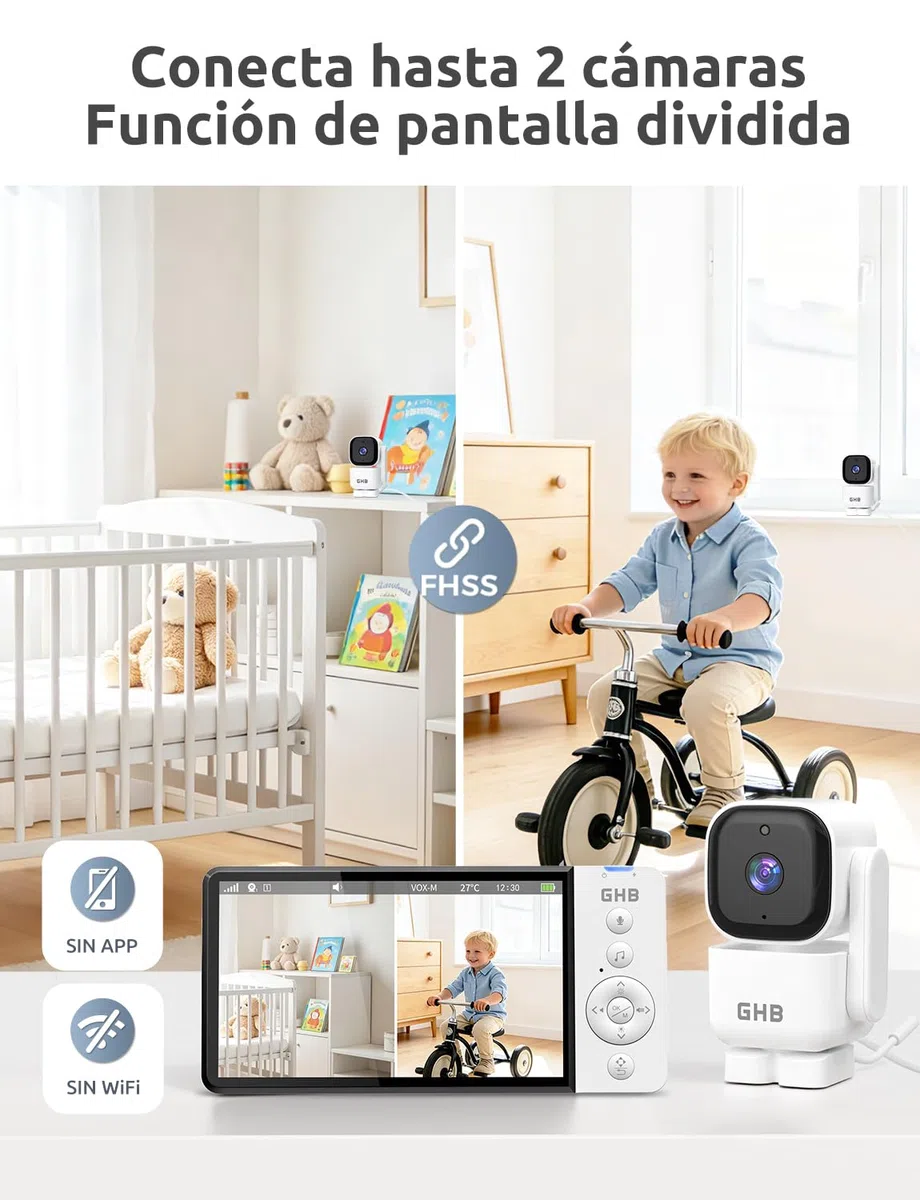 GHB Camara Vigilancia Bebe 5" 720P HD IPS Rotación de 350° Duración 7X 24 Horas Vigilabebes con Camara Visión Nocturna Comunicación Bidireccional Escucha Bebes VOX 4xZoom