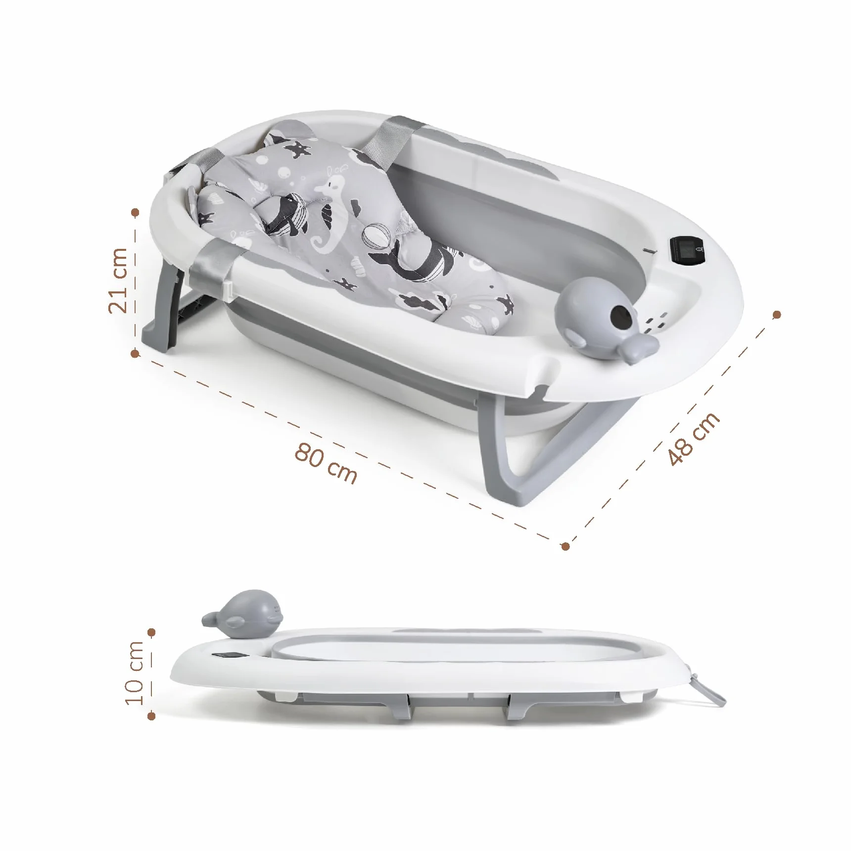 Buddy Baby - Bañera Plegable BebéSplash con Temperatura - Desde 0 meses - Cojín reductor extraíble - Base antideslizante - Tapón desagüe - Diseño compacto y portátil - Regadera ballena