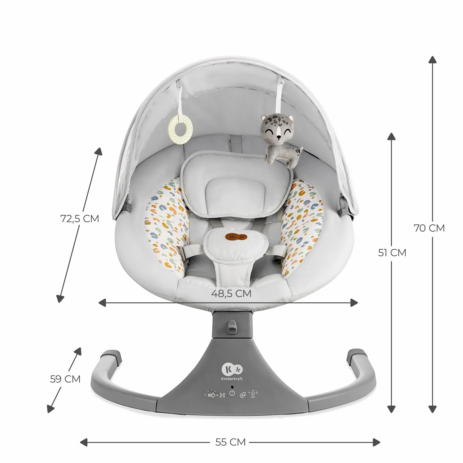 Kinderkraft Hamaca LUMI 2, Columpio eléctrico para bebés, Desde el nacimiento hasta los 9 meses, Altura regulable, 5 modos, 12 melodías, Arco con juguetes, Gris claro