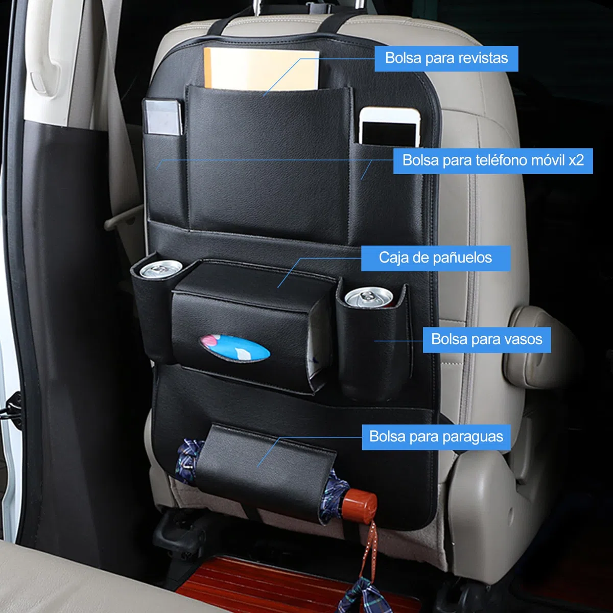 Ergocar 2 Paquetes de Pu Organizadores de Coches de Cuero, Cubierta Protectora para el Asiento Trasero, Estera de Protección para el Auto Asiento Trasero para el Automóvil - Negro