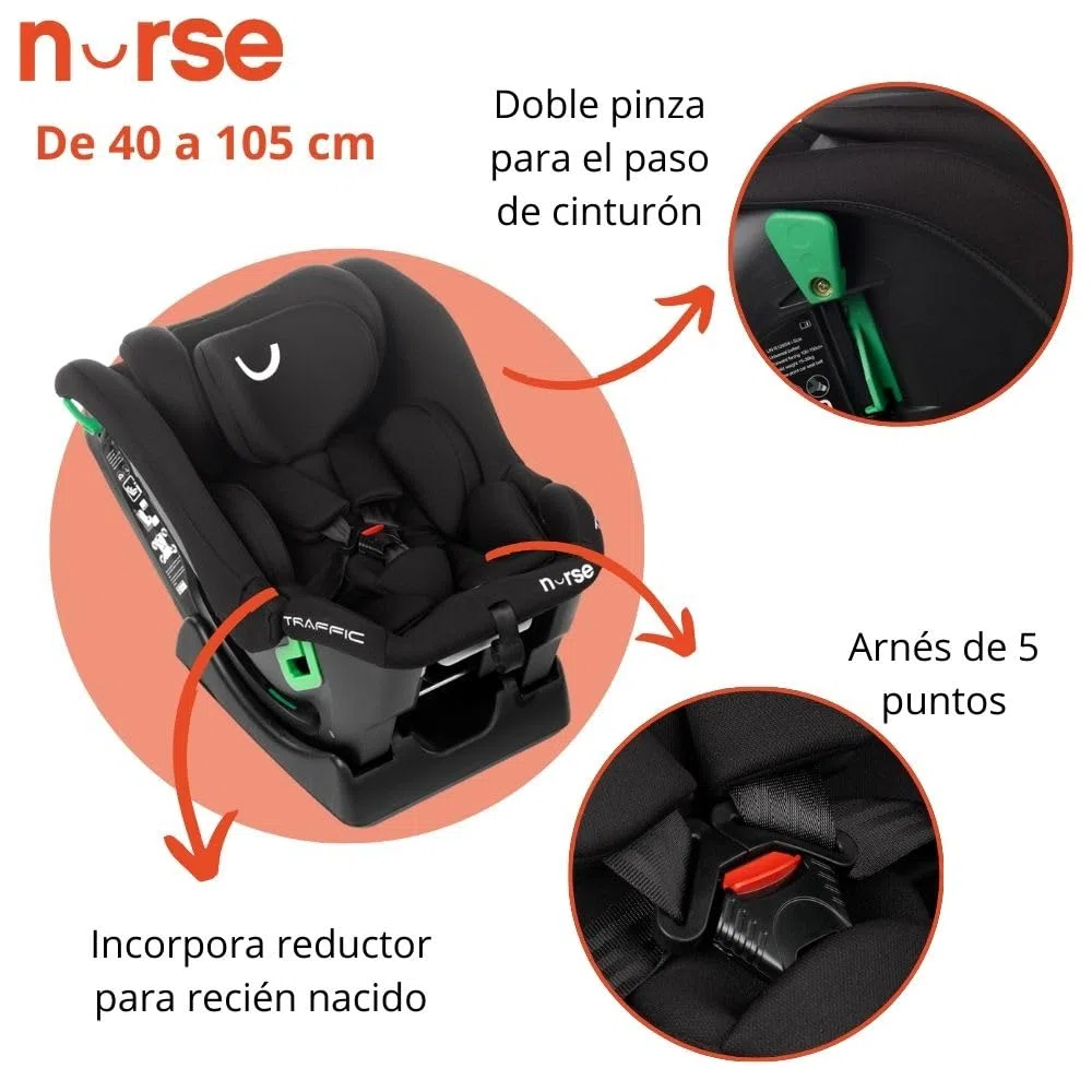Nurse Traffic Silla de Coche i-Size 40-150 cm, 0-12 Años, Sin Isofix, Contramarcha, Reclinable, con Reductor, Instalación con Cinturón, Negro