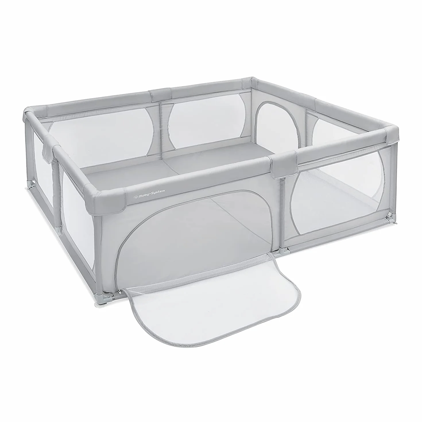 Moby-System Parque Infantil Bebé Plegable - Centro de Actividades con Base Antideslizante 200x140cm - Corralito Impermeable con Ventanas y Cremallera, Incluye Bolsa de Transporte - Gris