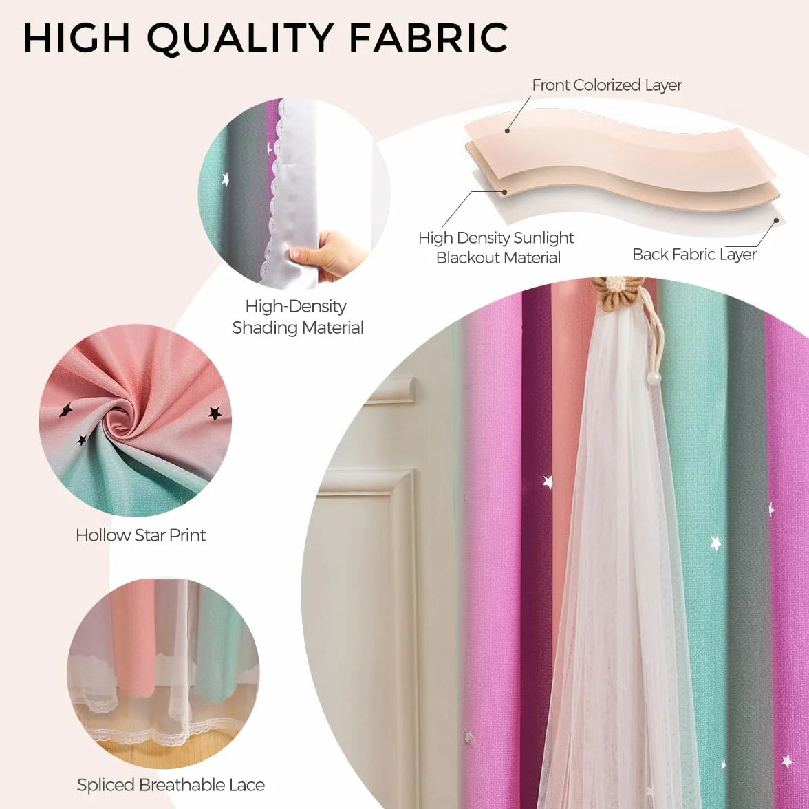 Cortinas Opacas Arcoíris para Dormitorio de Niñas, Rosa Morado Verde, 132x106 cm