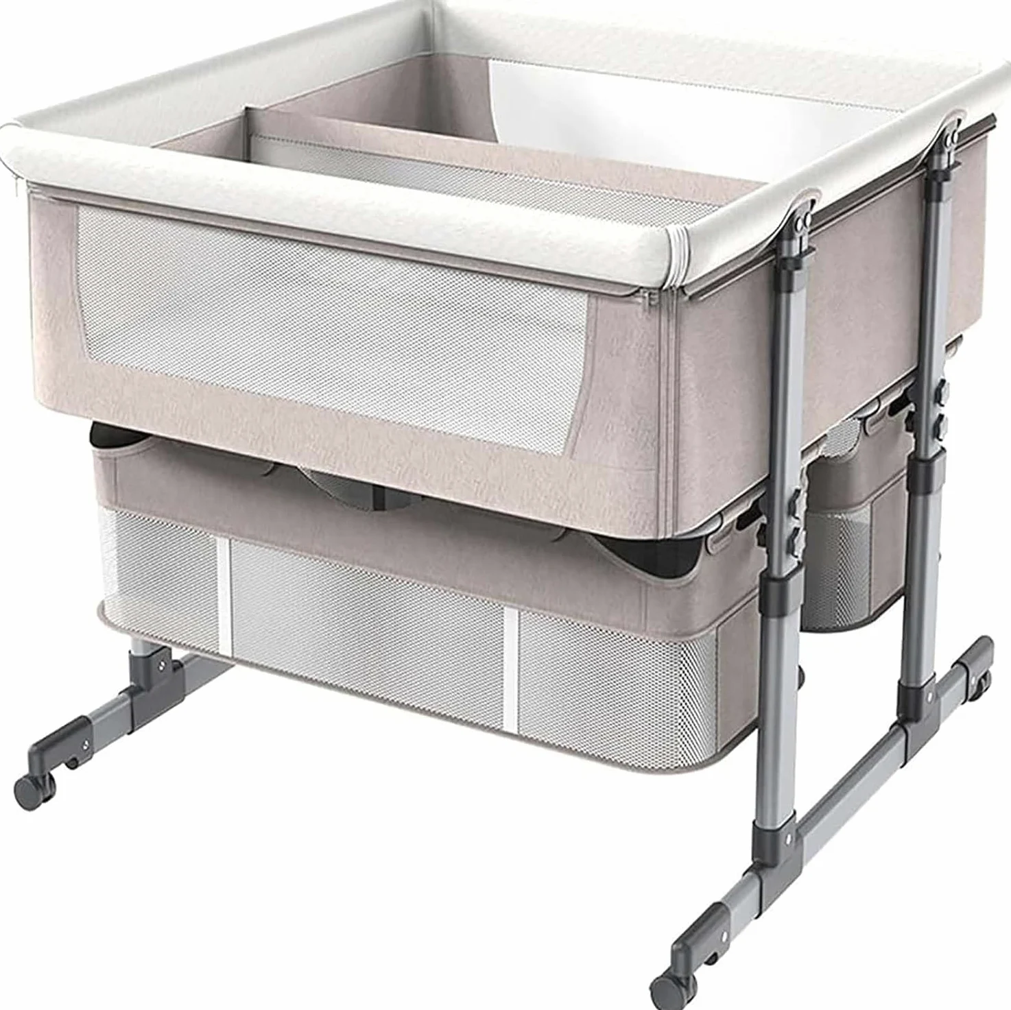 Cuna de colecho con Colchón,Cama para Bebé Gemela con 6 Ajustes de Altura,Plegable Cuna de Noche con Rampa Antirreflujo,Separador Extraíble y Ruedas Silenciosas,para Bebés de 0 a 3 Años (Caqui)