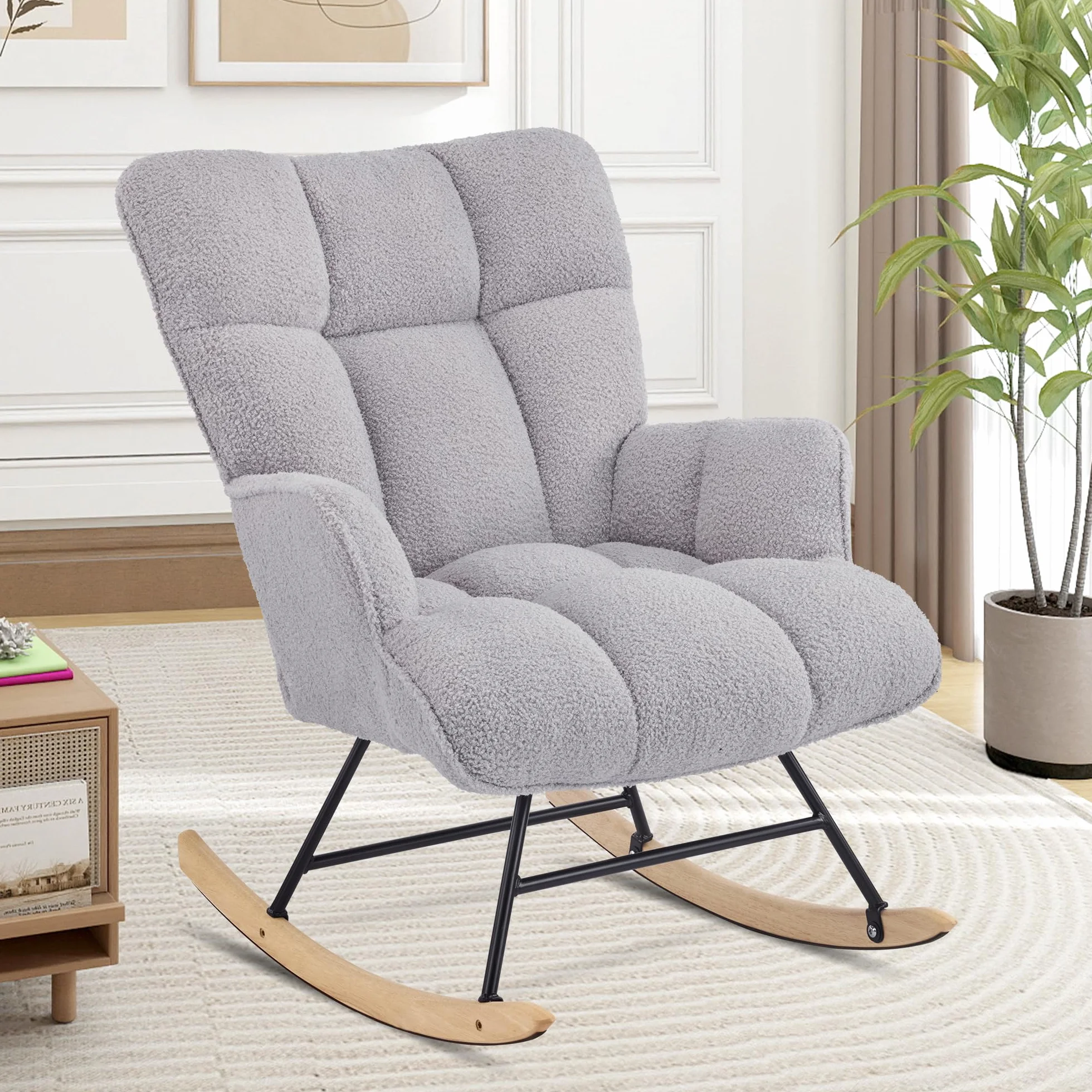 Silla Mecedora de Lactancia Tapizada Peluche Patines Madera Gris