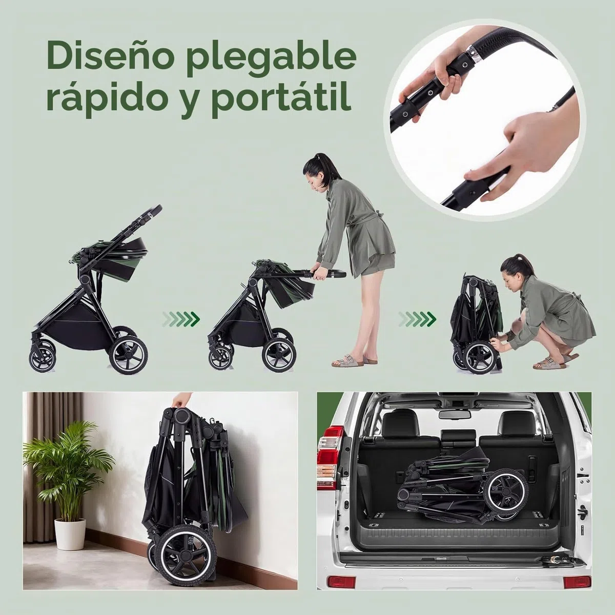 Gcarebb Sistema de viaje 3 en 1, cochecito con mango de altura ajustable, cochecito de viaje con cubierta de lluvia, cochecito de bebé con marco de aluminio para recién nacido