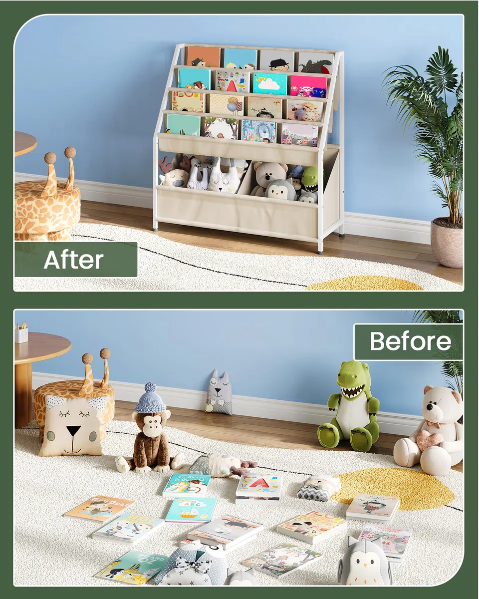 CHOEZON Estantería Infantil de 4 Estantes en Tela Oxford, Libería Organizador de Juguetes, Organizador de Revistas y Libros de Gran Capacidad para Niños de 3 a 8 Años, Beige DTCW09WM