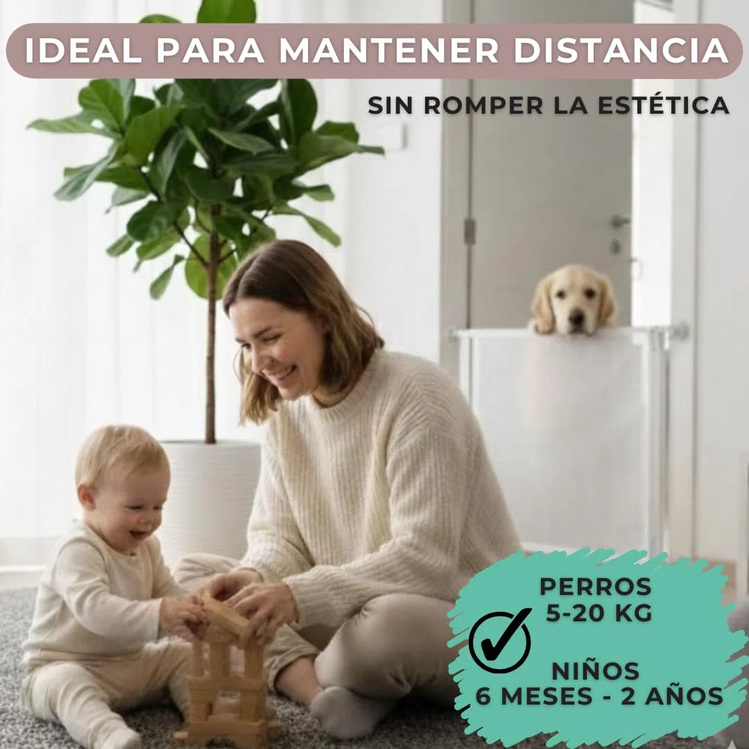 Puerta Retráctil Seguridad Adhesivos o Tornillos -140cm- Barrera Extensible Bebés y Perros - Sin Taladrar. Sin Agujeros - Apta en Escaleras, Puertas, Pasillos (140CM-BLANCO)