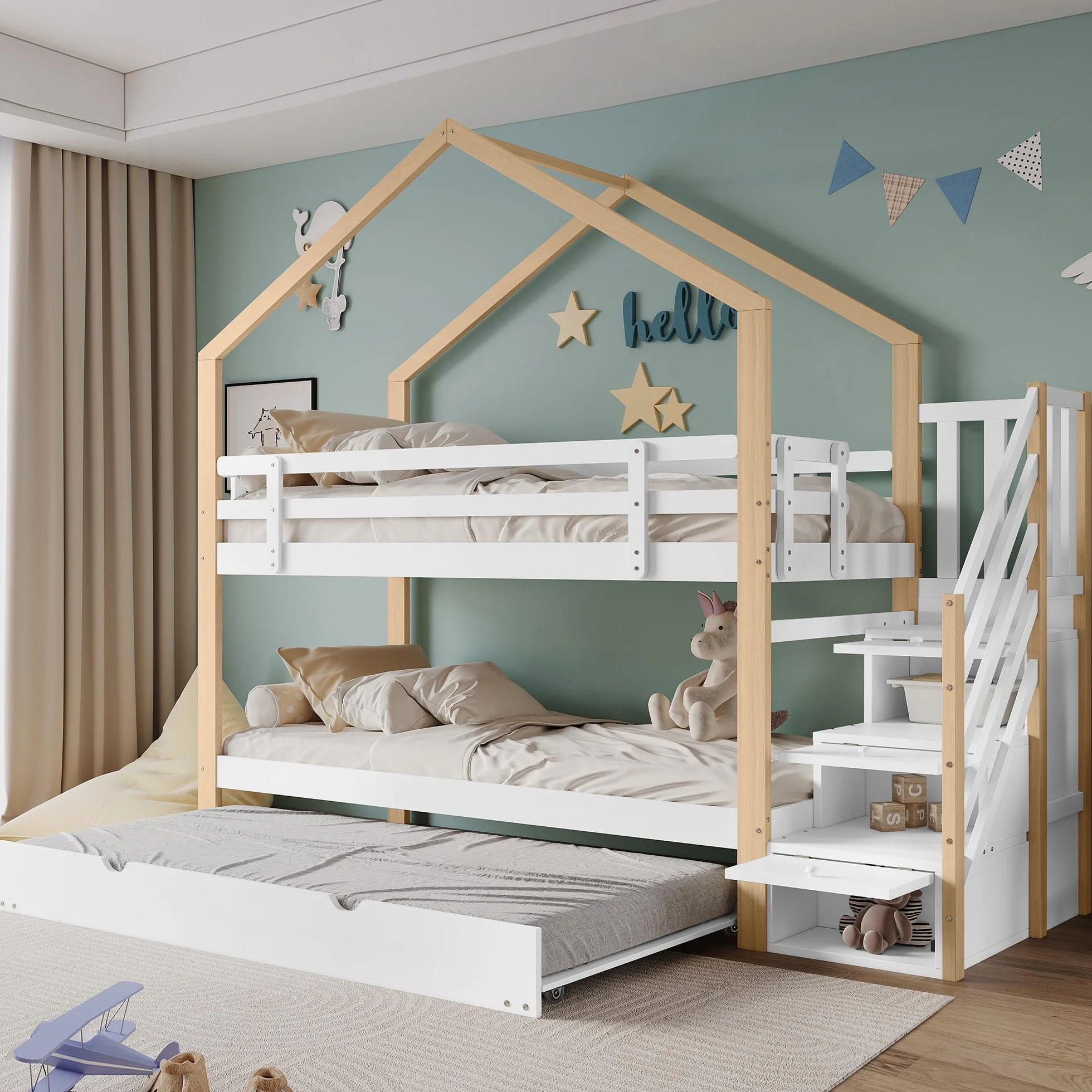 Moimhear litera con casa del árbol extensible, cama corrediza, escalera con 4 cajones, cama infantil con protección contra caídas y reja de cama infantil, con somier, Natural+Blanco (90x200cm