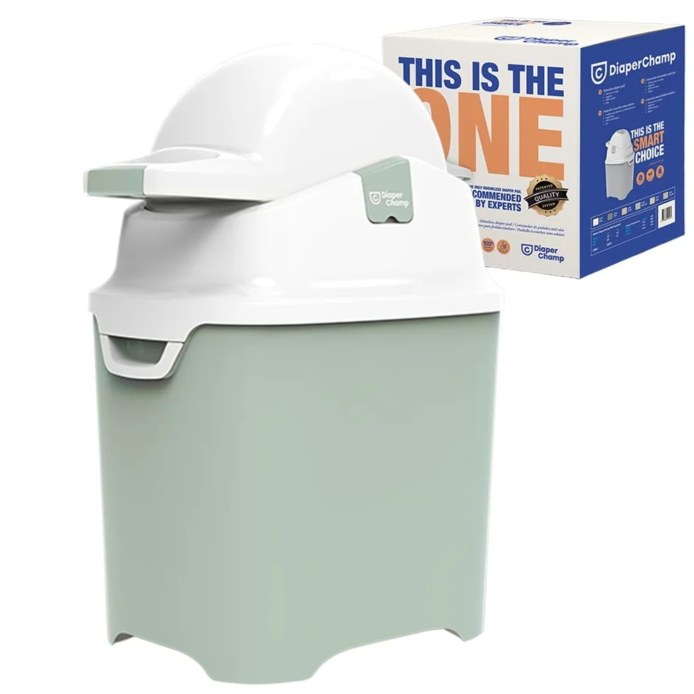 DiaperChamp ONE, Contenedor de pañales sin olor, sin recambios, utiliza bolsas de basura normales. Calidad profesional., Color verde salvia suave