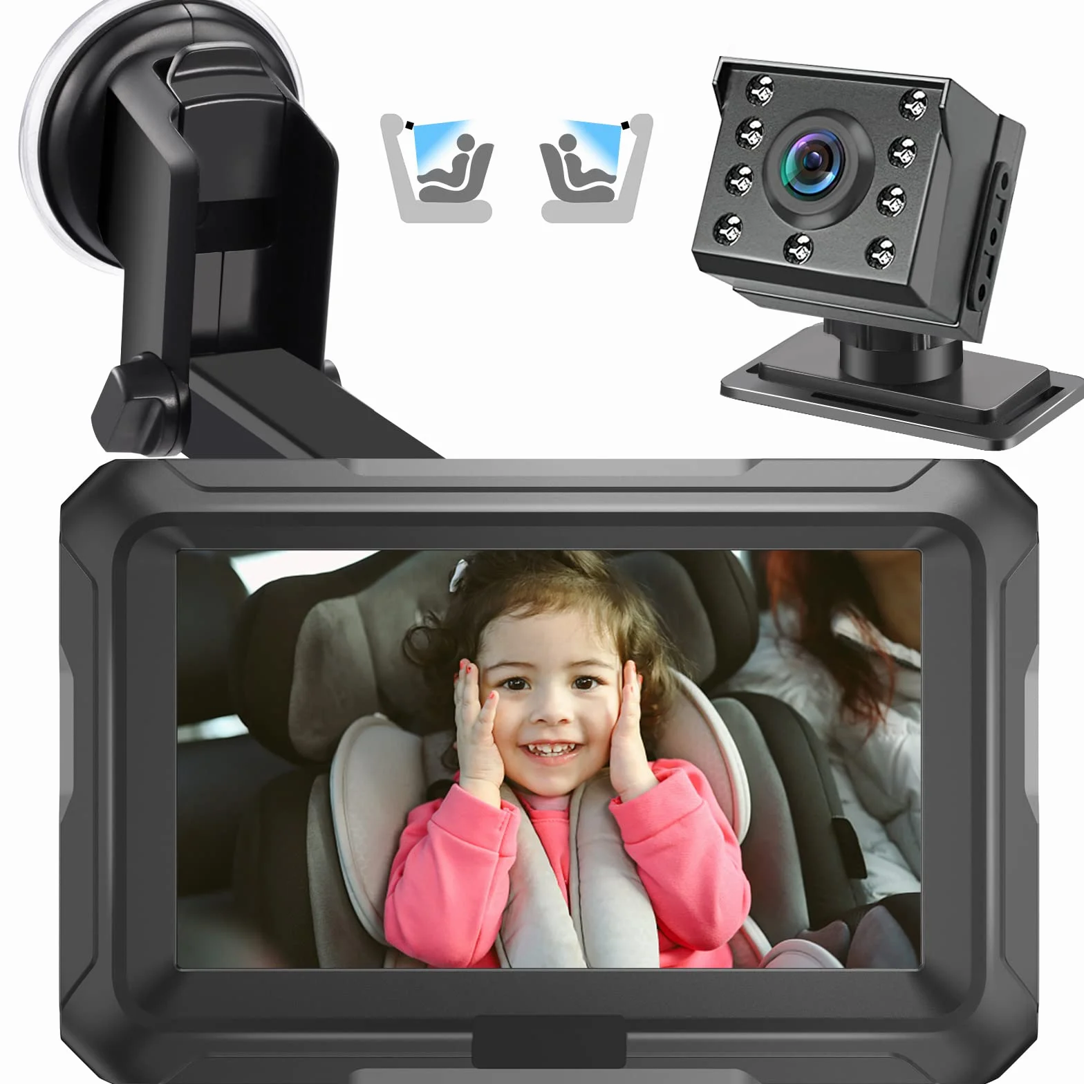 Zacro Cámara Bebé Asiento Trasero HD 1080P - Espejo Retrovisor Bebé Coche Pantalla 4.3'' - Monitores de Bebé para Coche con Función de Visión Nocturna, Ángulo de Visión Amplio