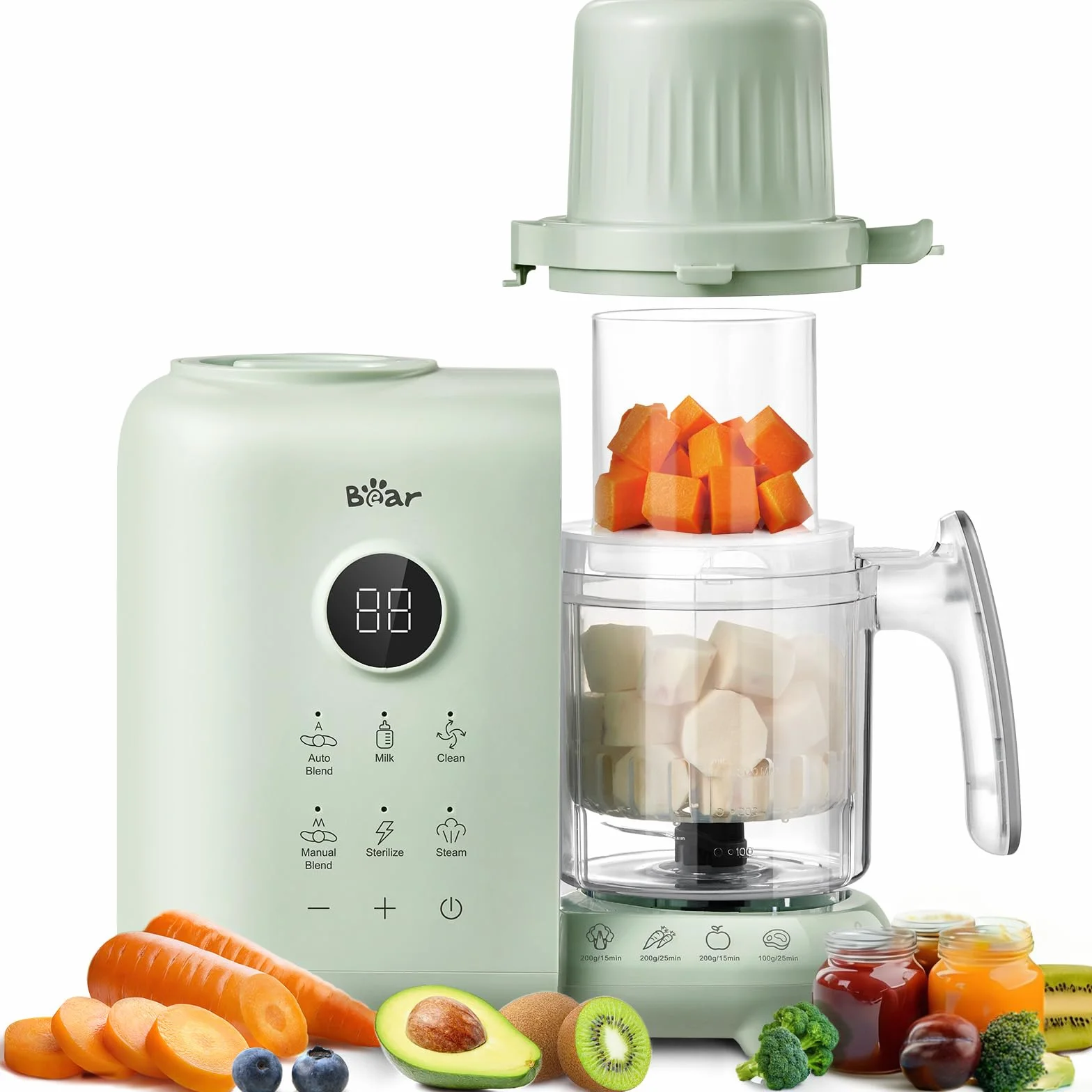 Bear Vaporera 6 en 1 con batidora premium para alimentos para bebés, vapor, agitación automática, calentamiento de leche, desinfección, función de autolimpieza, función de limpieza automática (Verde)