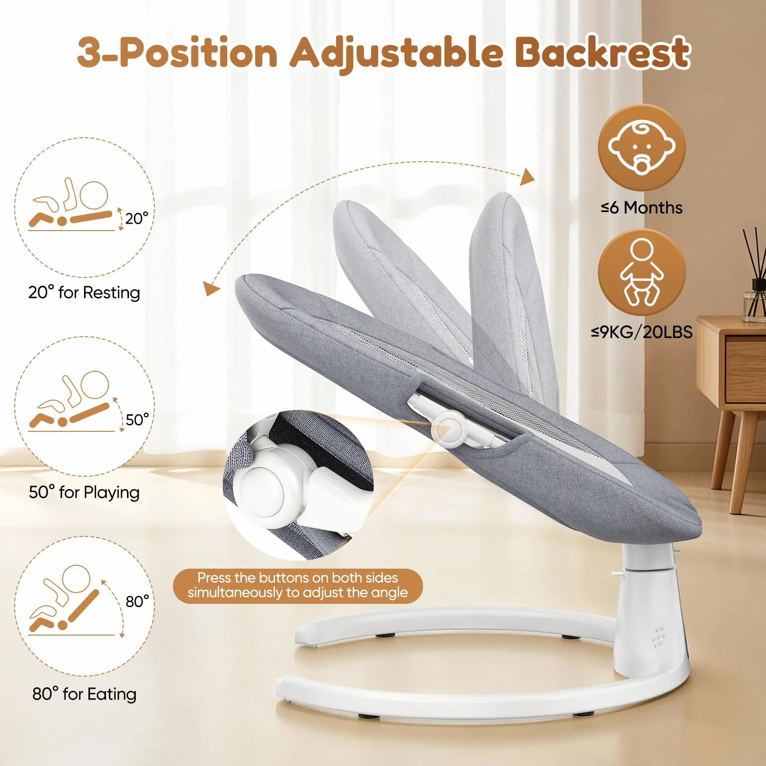 Respaldo Ajustable Hamaca para Bebé, Eléctrica Silla Mecedora de Bebé con Cojín Desmontable y Mesa Auxiliar Desmontable, Control Remoto Hamaca Bebe 5Velocidades de Columpio y 12 Melodias (Gris)