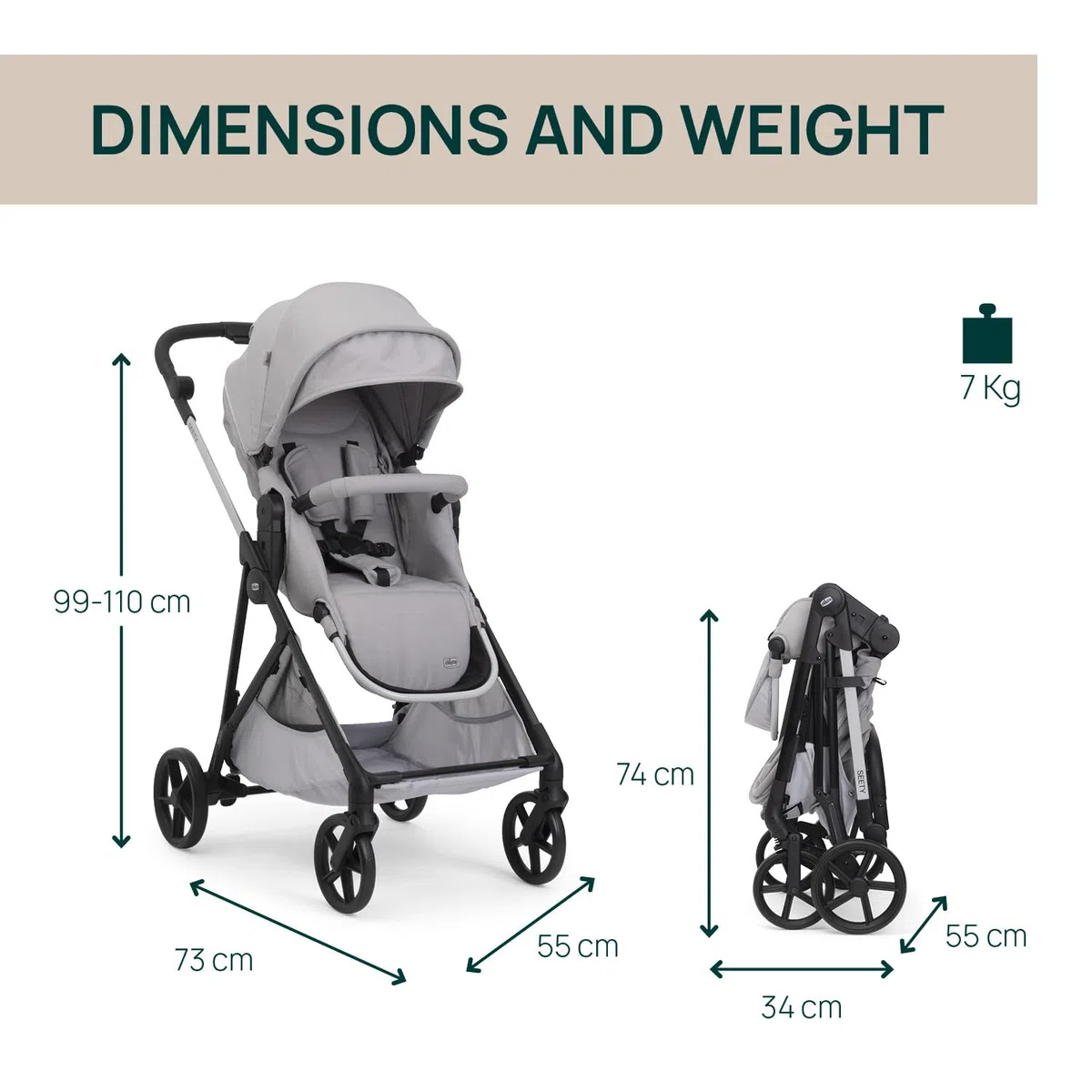 Chicco Cochecito Seety, Cochecito Ligero y Compacto De 0 Meses a 4 Años, Capacidad Máxima 22 kg, Cochecito Plegable,Respaldo Reclinable,Cierre Automático con 1 Movimiento, Capota Parasol y Cubrelluvia