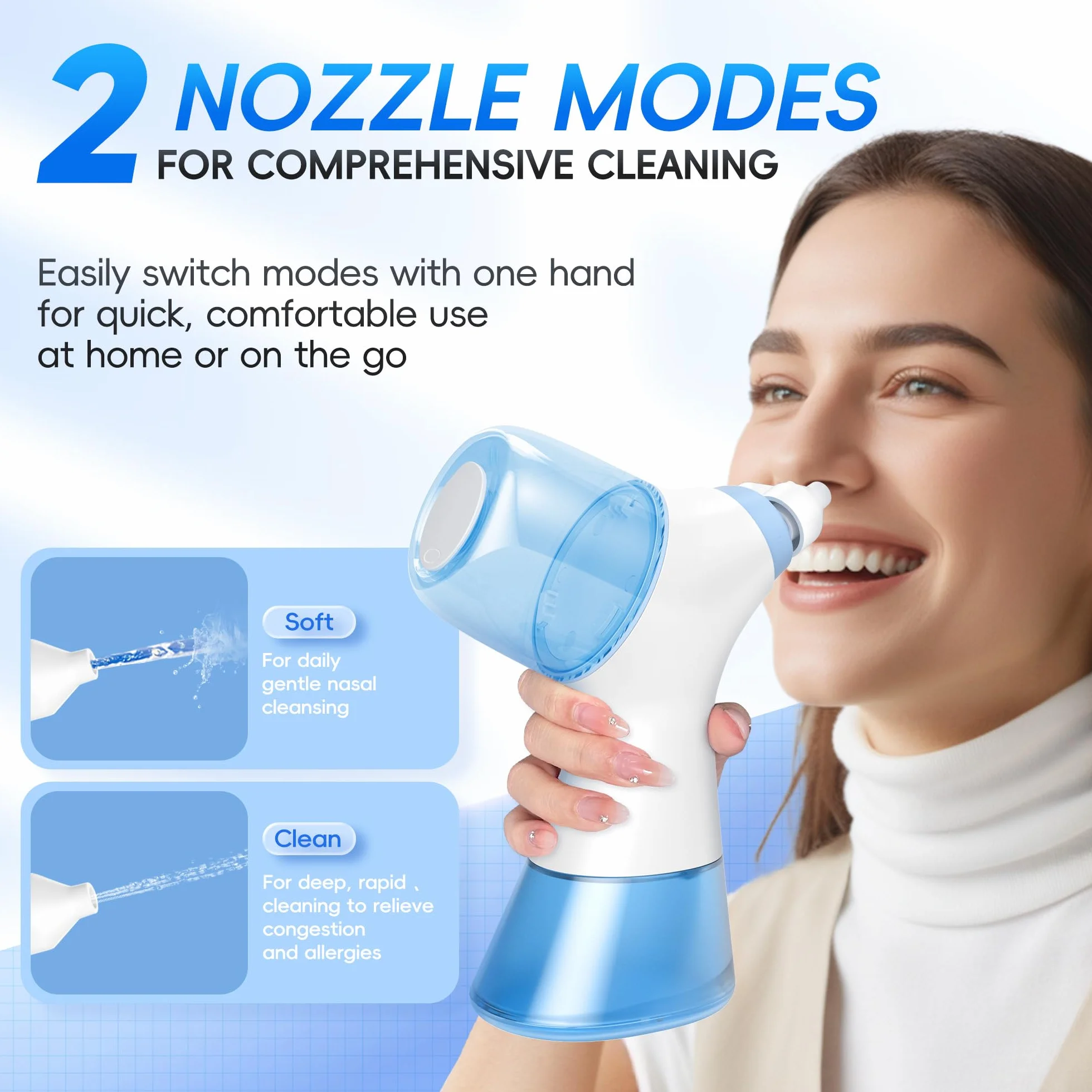 Ducha nasal, sistema de lavado nasal eléctrico para alivio rápido de dolores nasales, limpiador nasal de 2 modos con autolimpieza y función automática de eliminación de residuos, 30 bolsas de sal