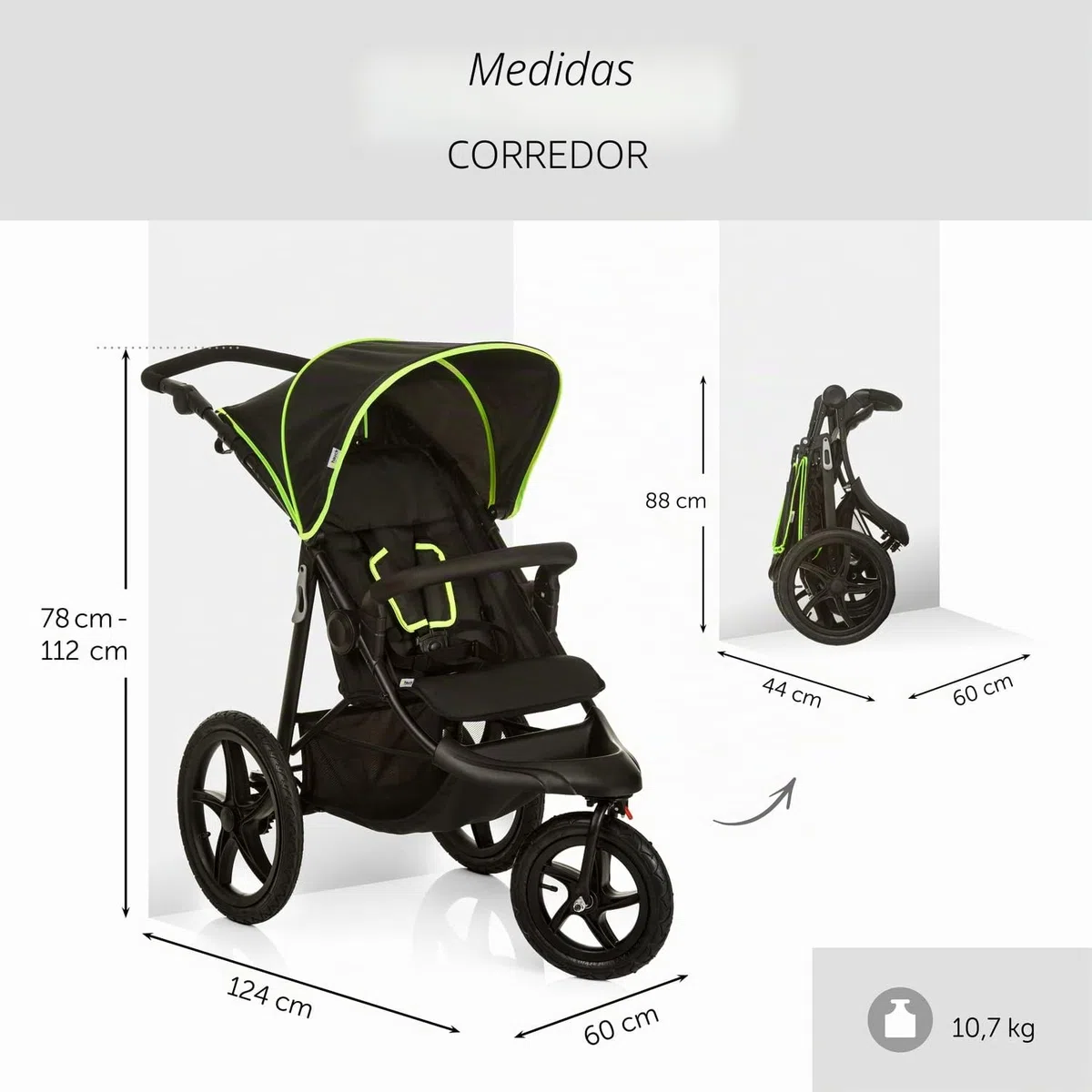 hauck Runner Carrito Bebé desde el Nacimiento - Silla de Paseo Ligera hasta 22 kilos - Carrito 3 Ruedas Neumáticas - Plegado Compacto - Suspensión - Negro/Neón