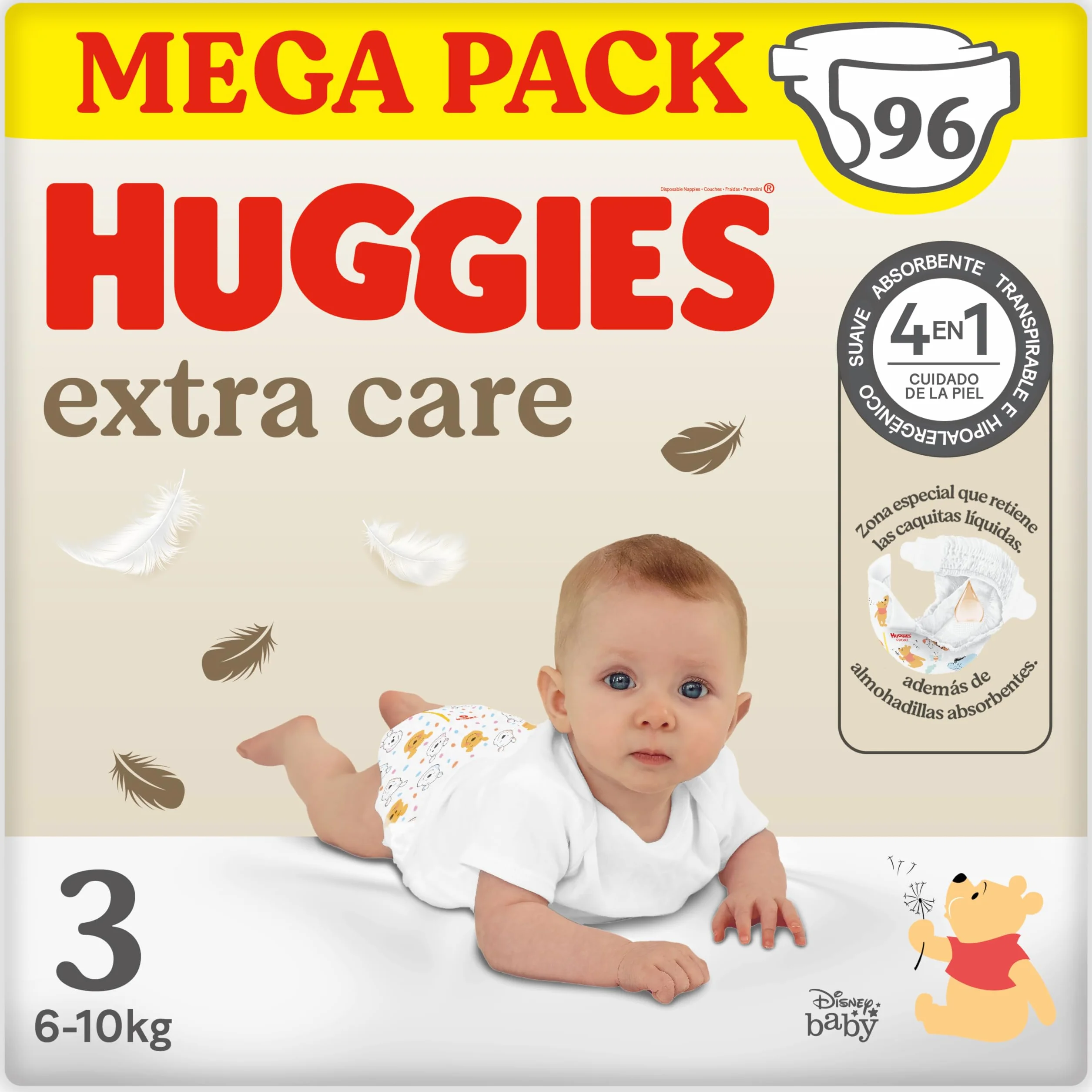 Huggies Extra Care Pañal para bebé Talla 3 (5-9 kg) 96 pañales con almohadillas extra suaves