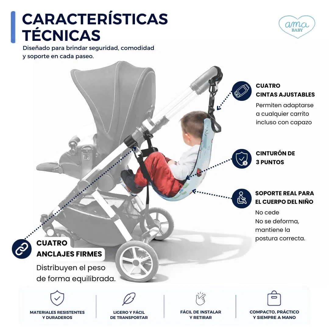 Hamaca Carro Bebé 2 en 1 - Asiento Extra Hermano Mayor - La Solución para Dos Niños - Alternativa a Patinete - Niños 2 a 6 Años Max.20 kg - Fabricada En España - Incluye Pañalera multiusos | Un lugar donde descansar para el hermano mayor