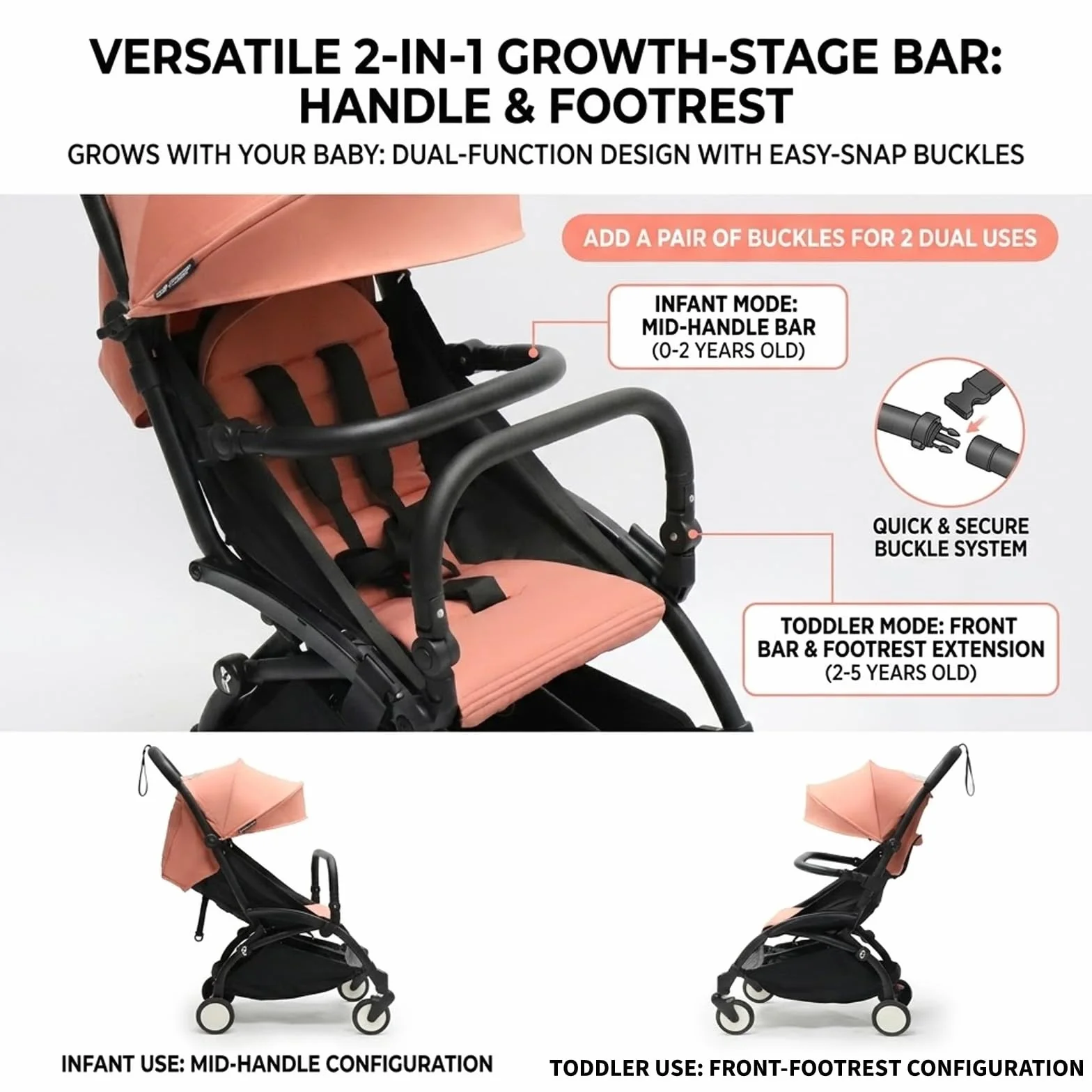 Barra de protección para cochecito, 2 en 1, parachoques de cochecito, se puede utilizar como asa media o delantera, barra transversal compatible con Babyzen YoYo 2 y Yoyo+, PU + hierro