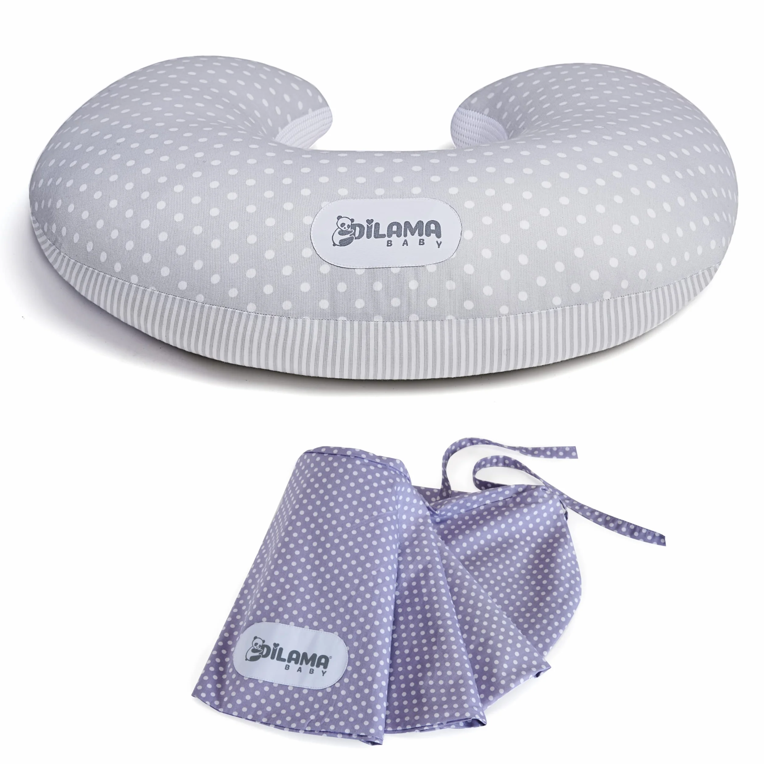 Dilamababy - Cojin Lactancia con 2 Fundas de Algodón 100%, Relleno Bolas de Fibra Ajustable - Cojin de Lactancia con Banda Ergonómica y Cordones para Amamantar con Seguridad
