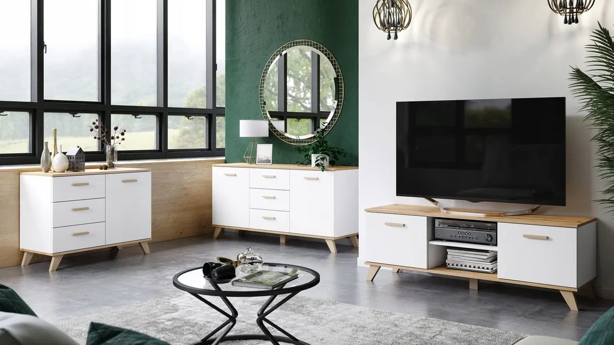 VBChome Cómoda con 3 cajones y 2 puertas, 120 x 40 x 75 cm, roble blanco, tiradores de cajón, de madera, para pasillo, dormitorio, salón, habitación infantil