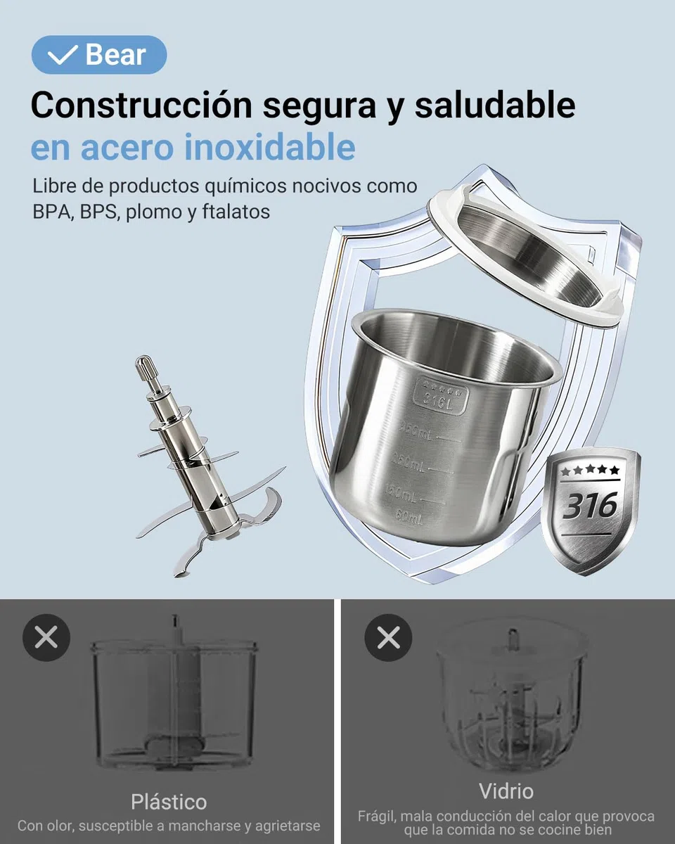 Bear Robot de Cocina para Bebé NutriEase AllStage Acero Inoxidable, Procesador de Alimentos para Bebé OneStep, Cocción y Molienda Automática para Comida Casera Saludable, Sin BPA