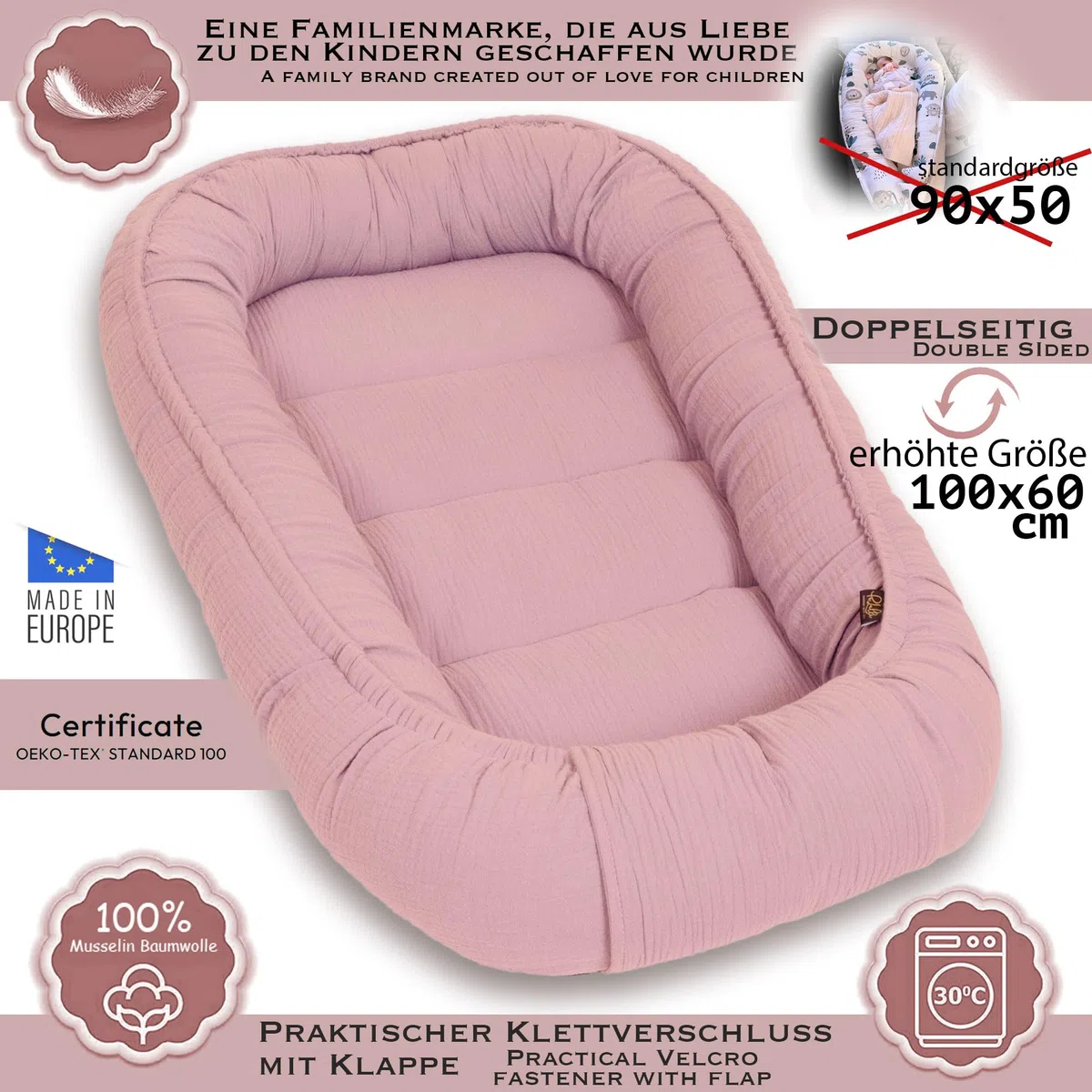 PaLulli Nido para bebé de 100% Muselina de algodón prémium, 100 x 60 cm, Solapa con Cierre de Velcro, Cambiador para Cuna de bebé (Rosa Sucio)