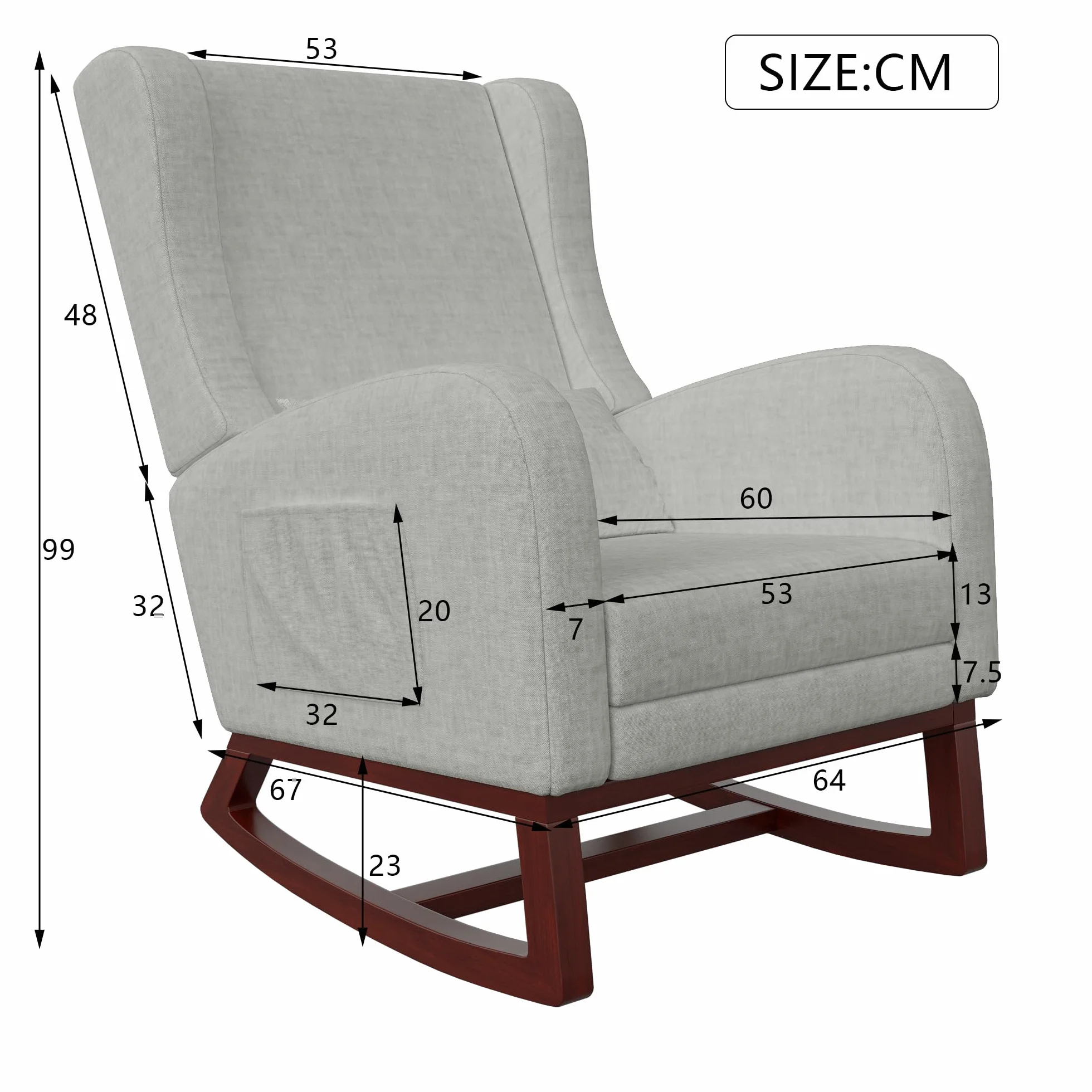 Sillón basculante con reposamuñecas retráctil, mecedora lactancia gris lino