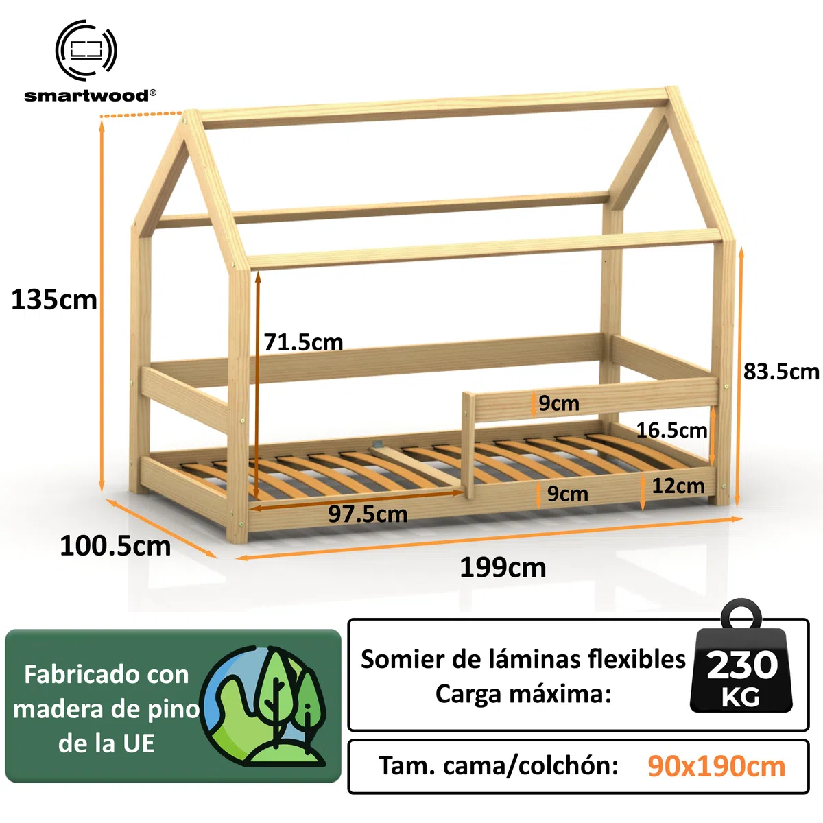 smartwood Cama Casita 90x190 cm de Madera Maciza - Cama Montessori con Barandilla y Somier hasta 230 kg - Diseño Escandinavo - para Niños y Niñas - Montaje Fácil - Milo